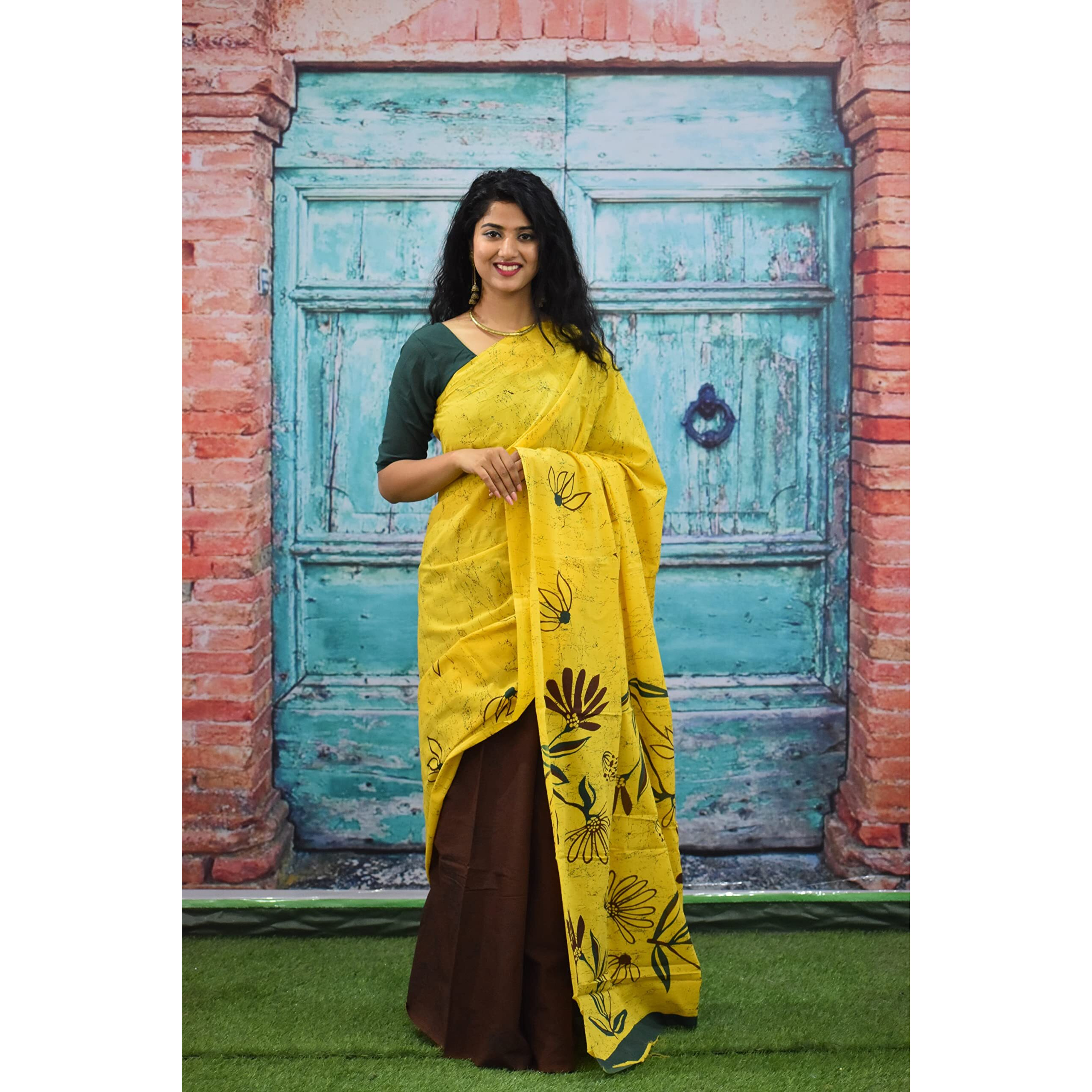 JALTHER Handicrafts Womens Ikat Hand Block Print Jaipuri Cotton Mulmul Saree with Blouse Piece - Yellow_56