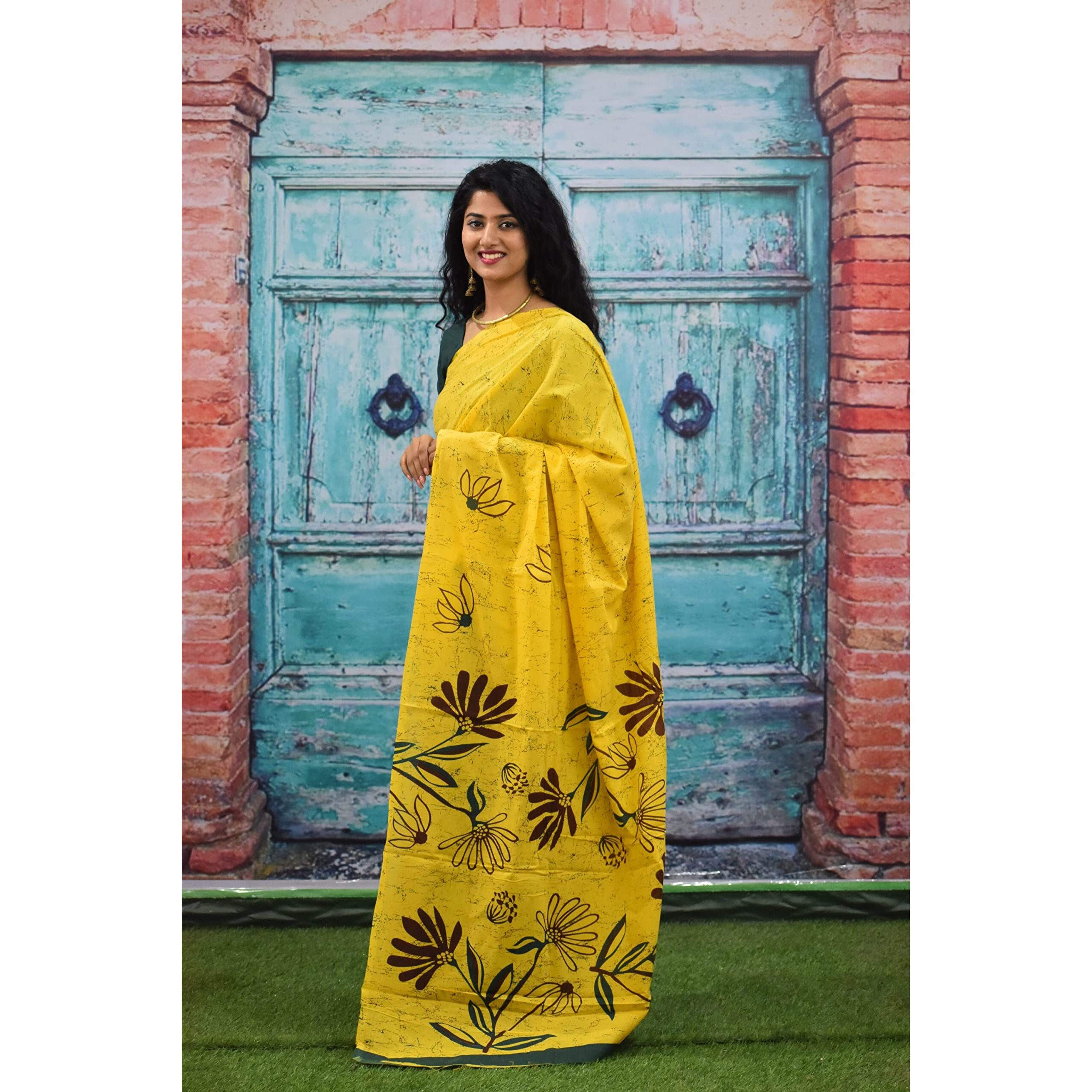 JALTHER Handicrafts Womens Ikat Hand Block Print Jaipuri Cotton Mulmul Saree with Blouse Piece - Yellow_56