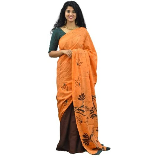 JALTHER Handicrafts Womens Ikat Hand Block Print Jaipuri Cotton Mulmul Saree with Blouse Piece - Orange_57