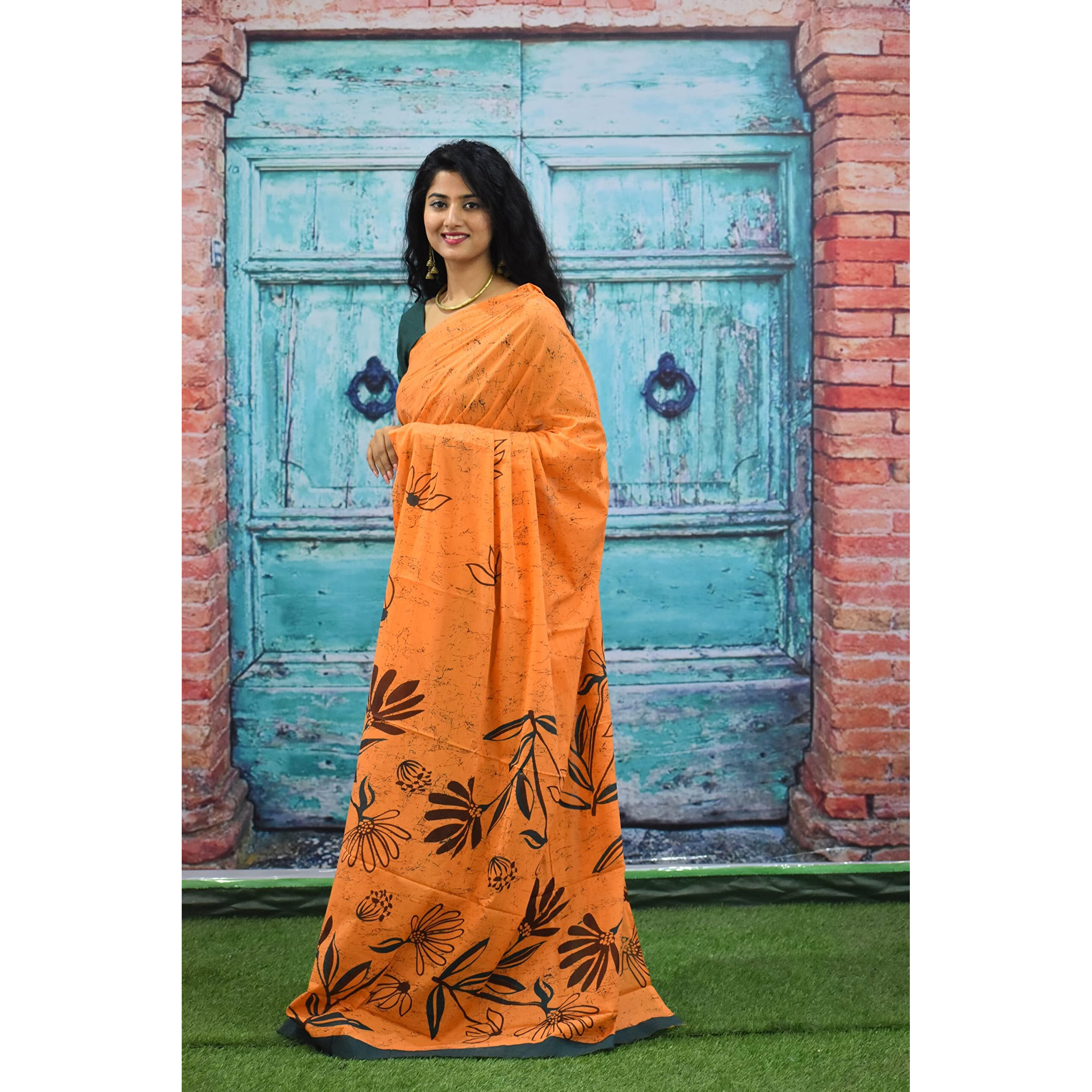 JALTHER Handicrafts Womens Ikat Hand Block Print Jaipuri Cotton Mulmul Saree with Blouse Piece - Orange_57