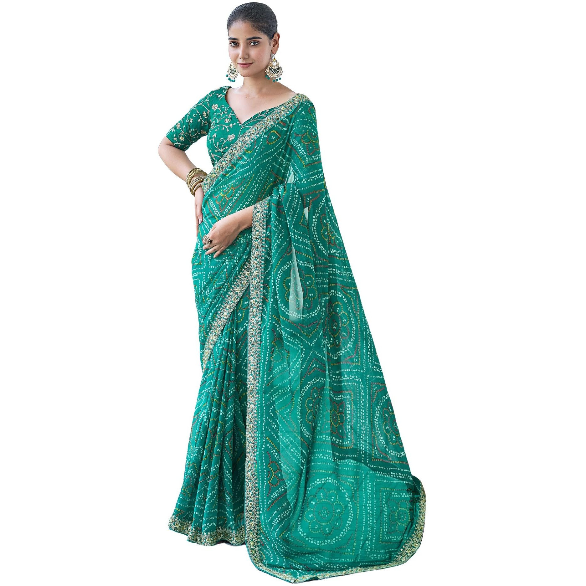 SIRIL Womens Georgette Bandhani Printed Saree With Unstitched Blouse Piece (3667S2548_Turquoise1)