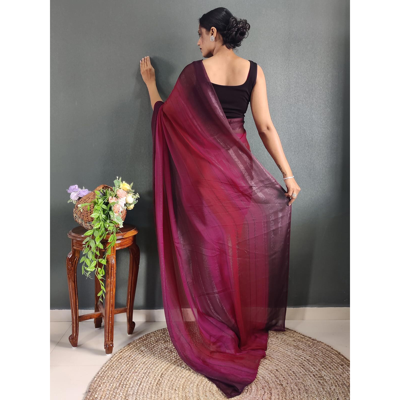 SIRIL Womens Georgette Printed Ready To Wear Saree With Unstitched Blouse Piece (3374S361_Wine)
