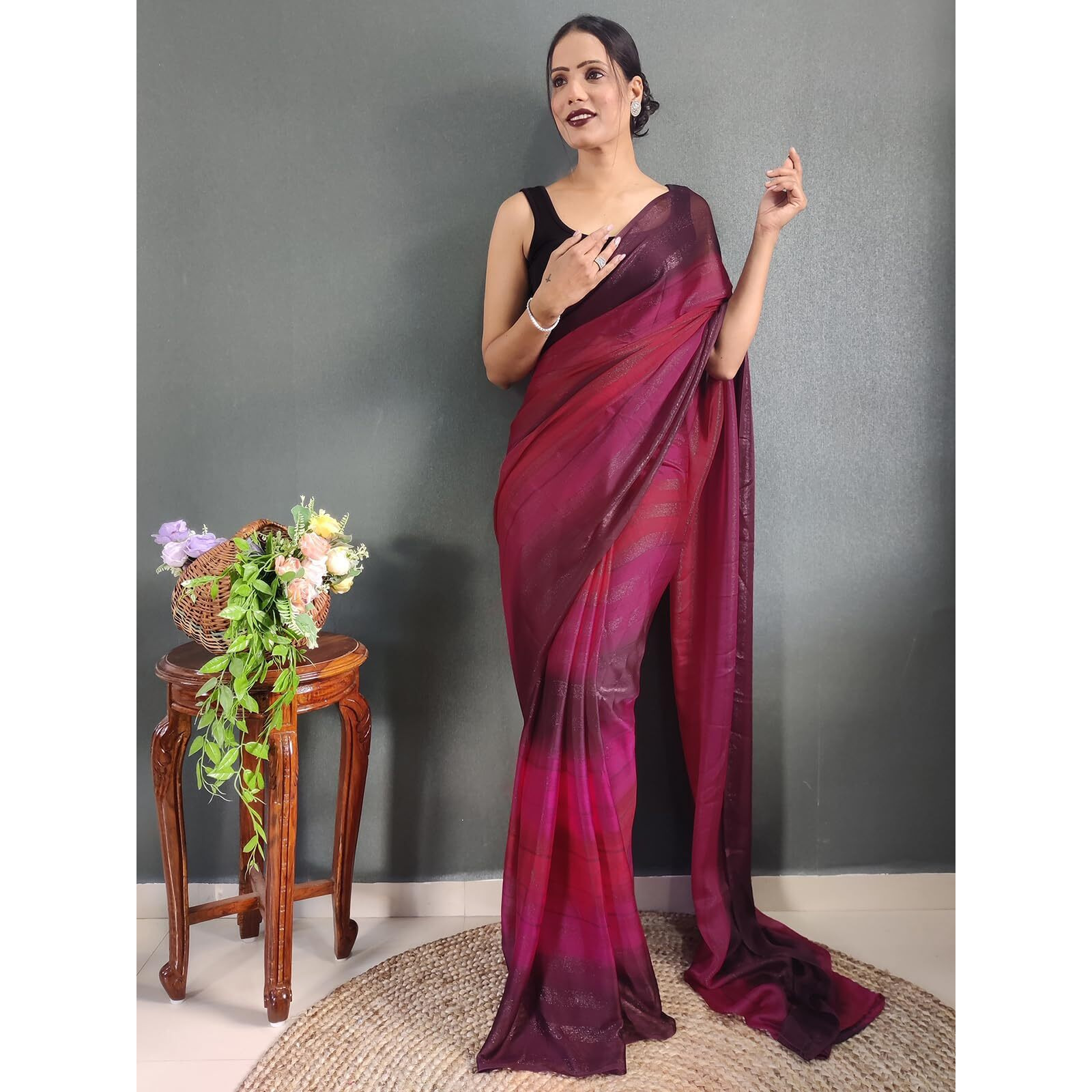 SIRIL Womens Georgette Printed Ready To Wear Saree With Unstitched Blouse Piece (3374S361_Wine)