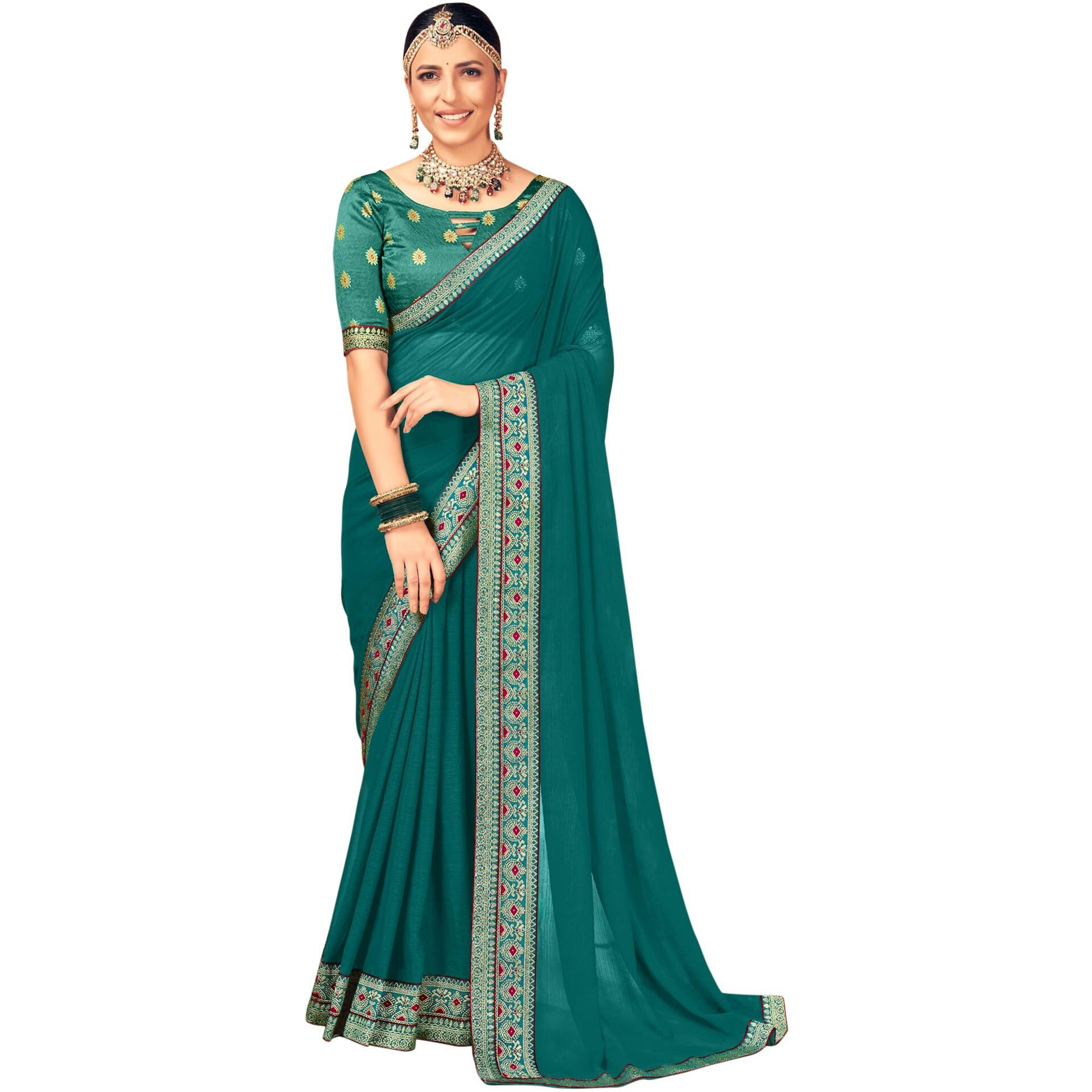 AKHILAM Womens Georgette Embellished Designer Saree With Blouse Piece (Blue_VIRAT106_5D)