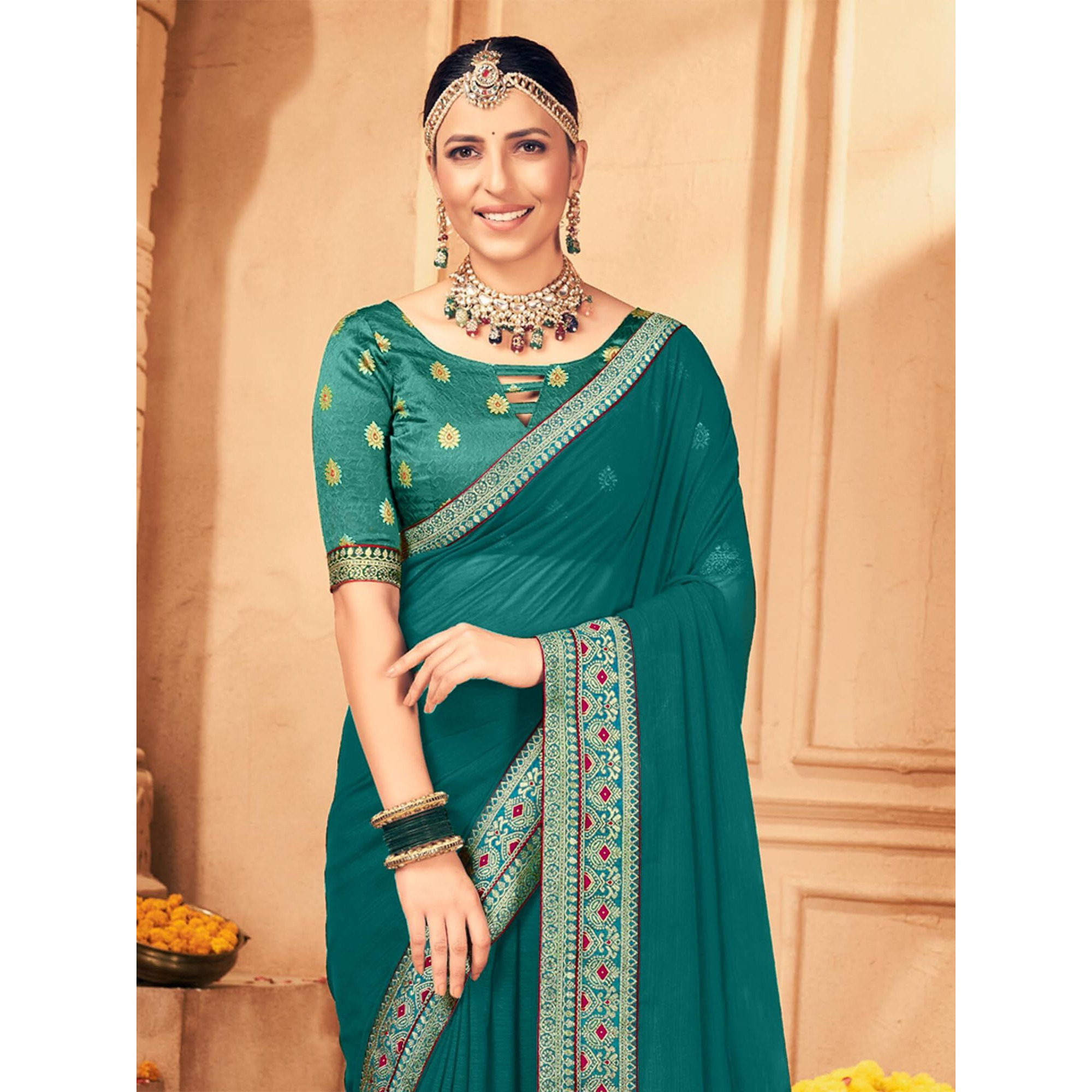 AKHILAM Womens Georgette Embellished Designer Saree With Blouse Piece (Blue_VIRAT106_5D)