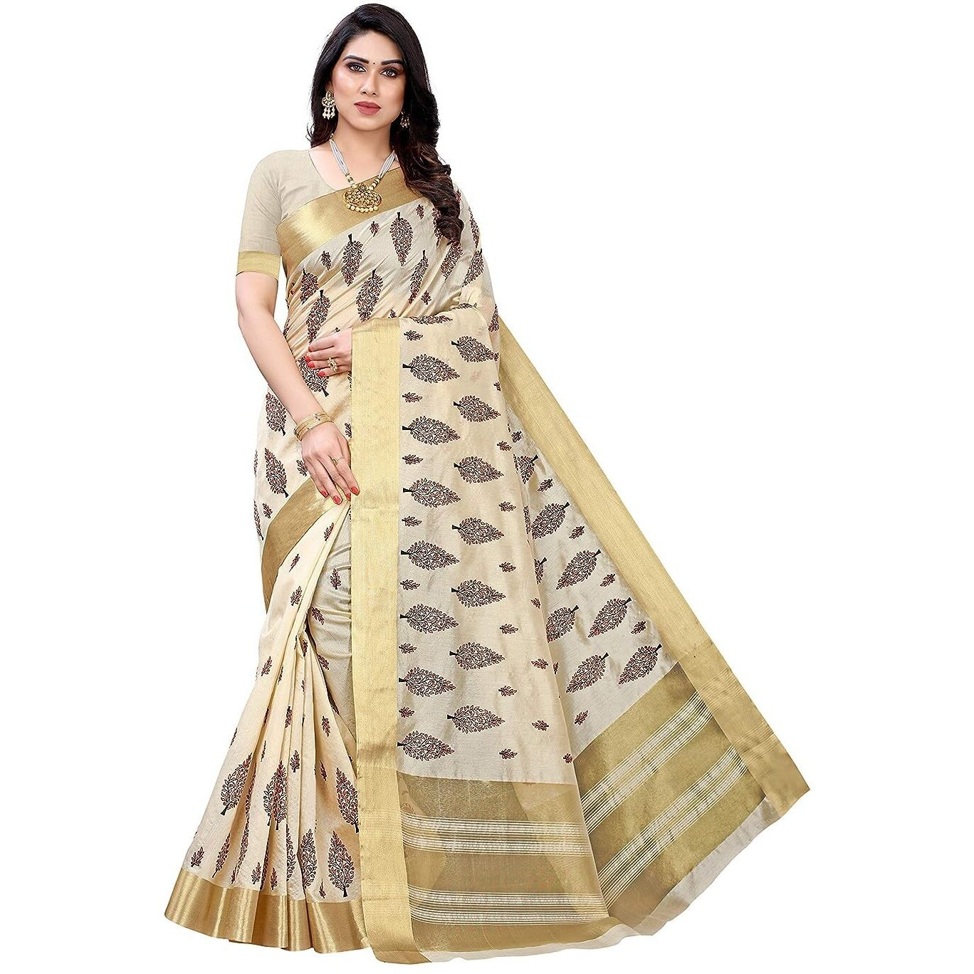 Yashika Womens Woven Cotton Blend saree (KERALA CRISMISTMAS_Off-White 03)