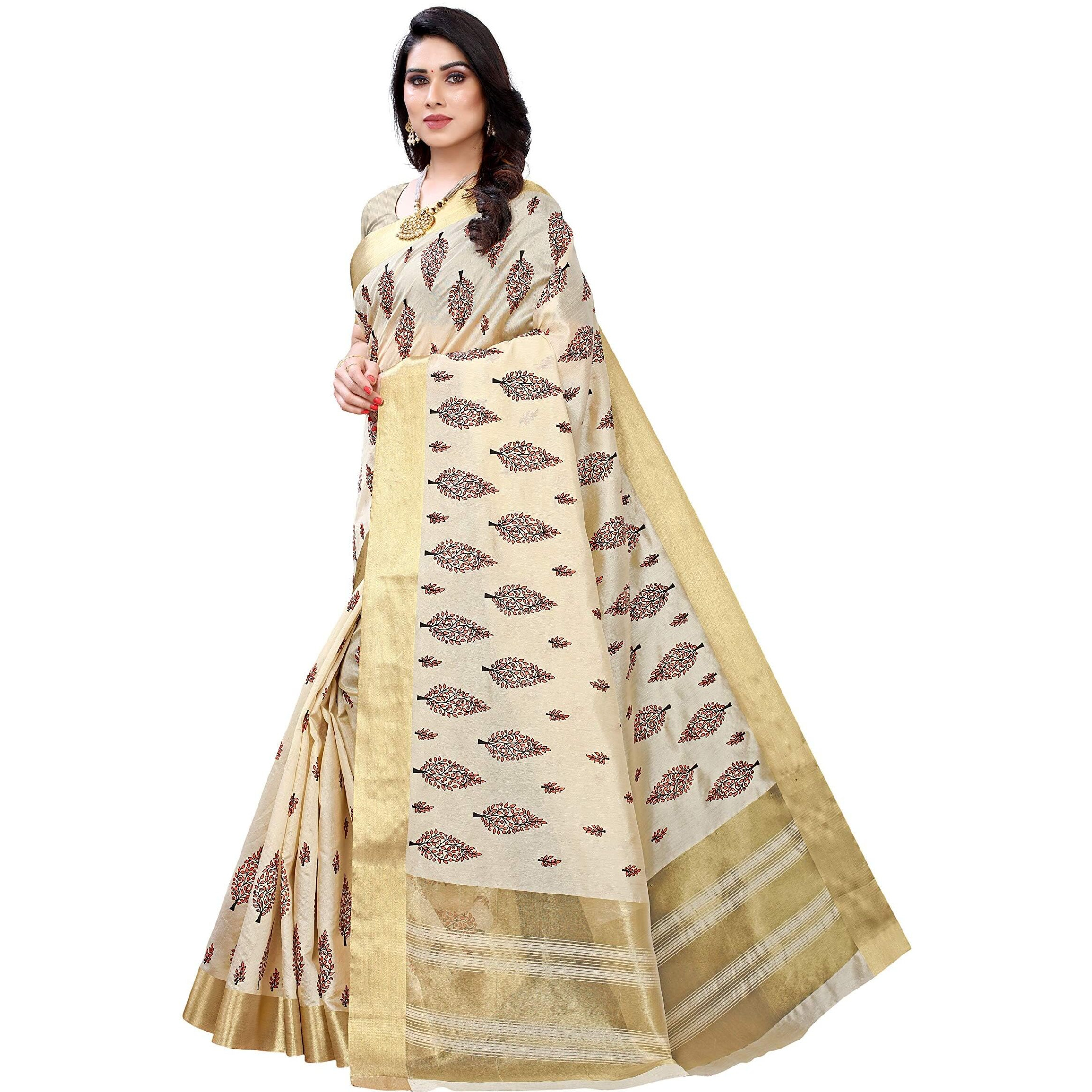 Yashika Womens Woven Cotton Blend saree (KERALA CRISMISTMAS_Off-White 03)
