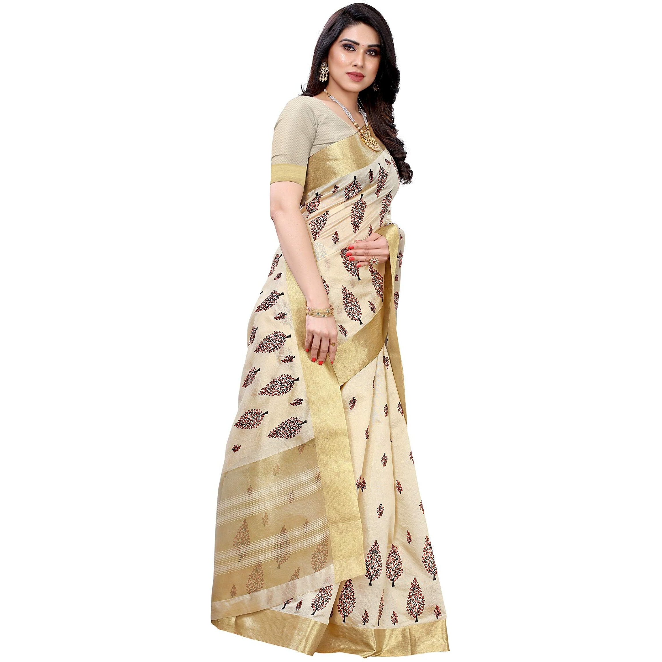 Yashika Womens Woven Cotton Blend saree (KERALA CRISMISTMAS_Off-White 03)