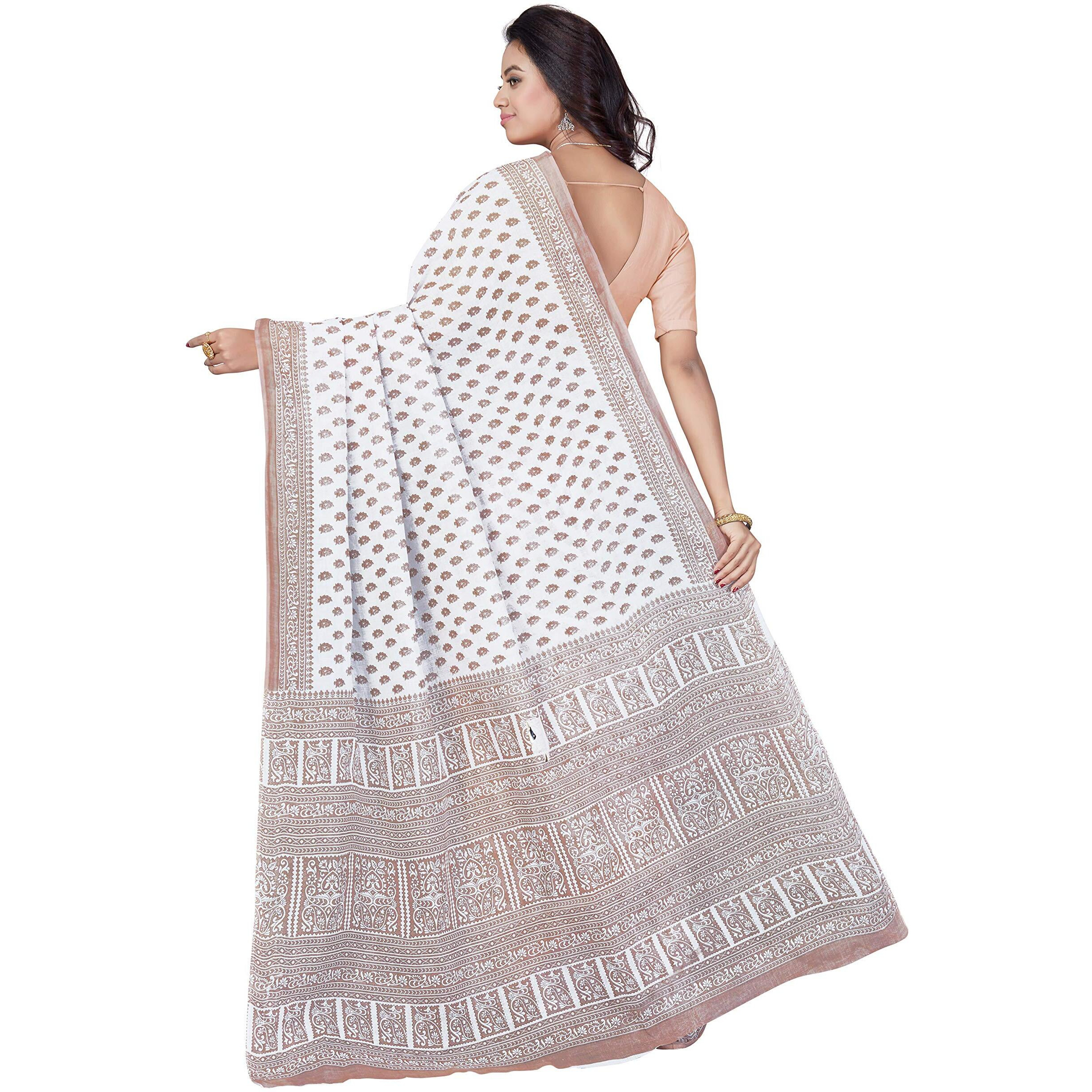 RANI SAAHIBA Womens Pure Cotton Printed Saree Without Blouse Piece (SKR5267_White-Brown)