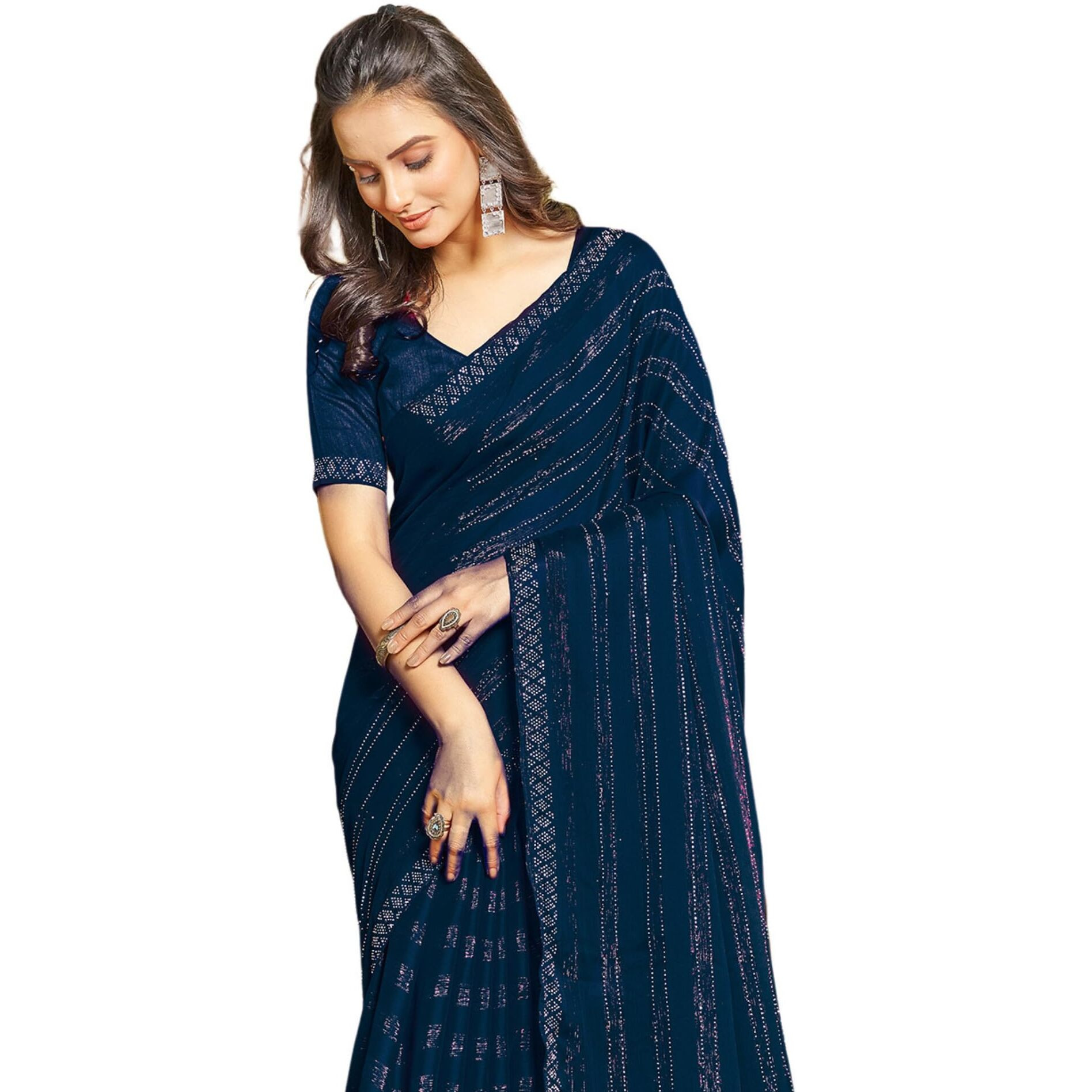 SIRIL Womens Chiffon Hot Fixing Saree With Unstitched Blouse Piece (3397S248_Navy Blue)