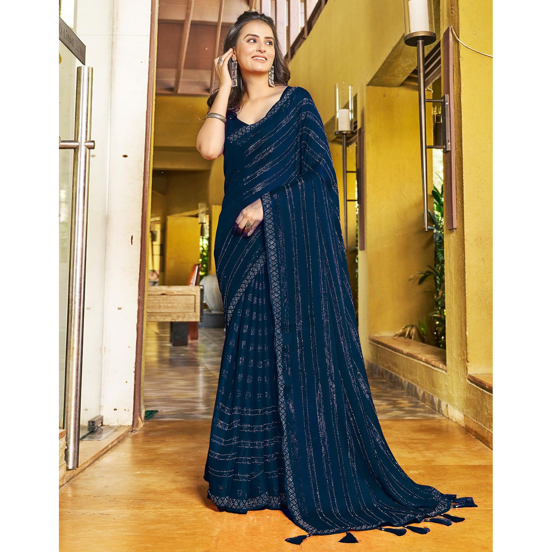 SIRIL Womens Chiffon Hot Fixing Saree With Unstitched Blouse Piece (3397S248_Navy Blue)