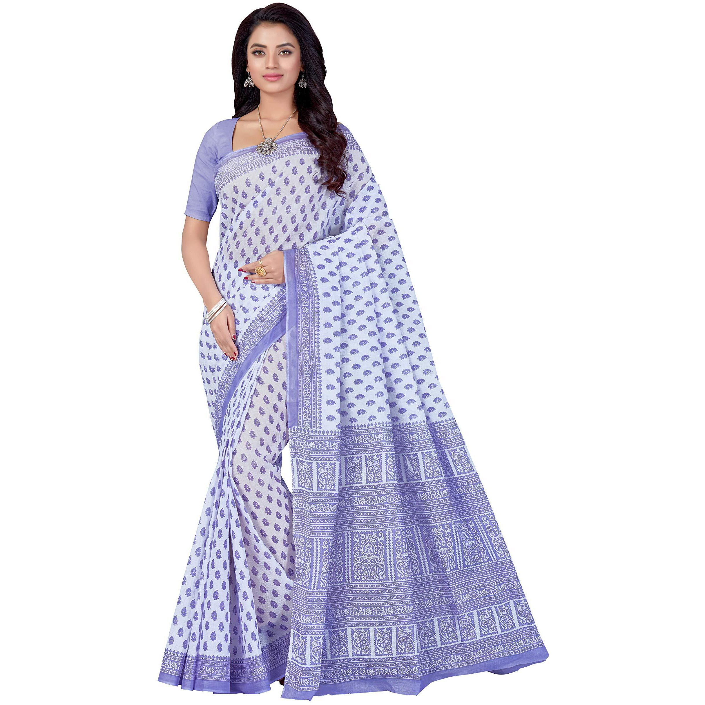 RANI SAAHIBA Womens Pure Cotton Printed Saree Without Blouse Piece (SKR5269_White-Purple)