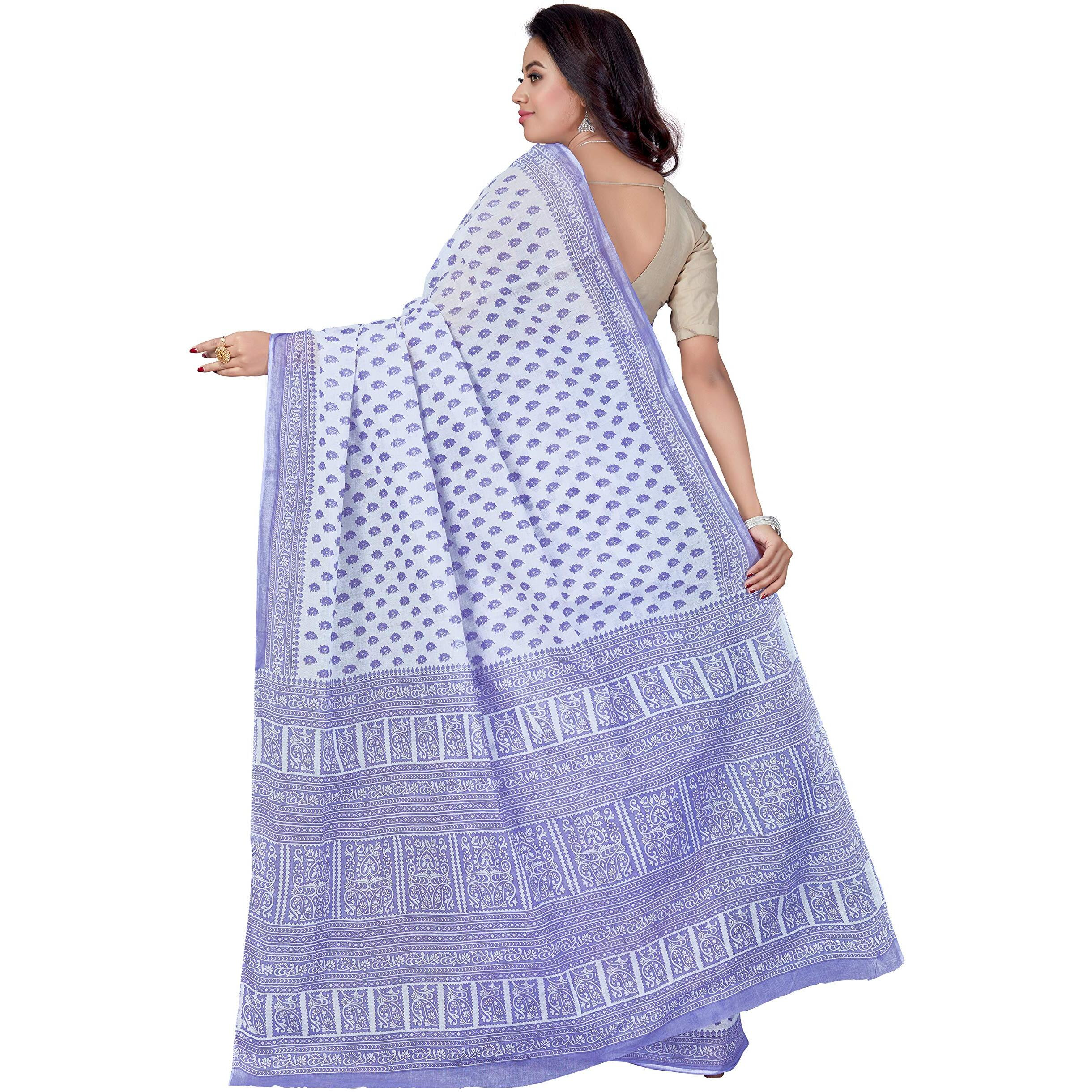 RANI SAAHIBA Womens Pure Cotton Printed Saree Without Blouse Piece (SKR5269_White-Purple)