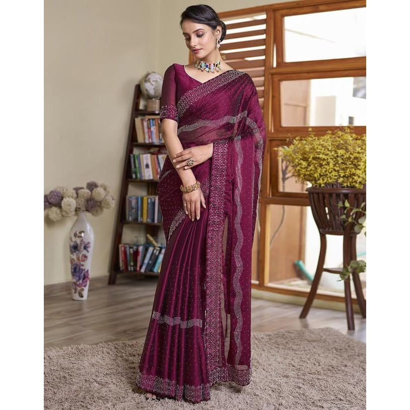 SIRIL Womens Georgette Hot Fixing Saree With Unstitched Blouse Piece (3620S103_Deep Pink)