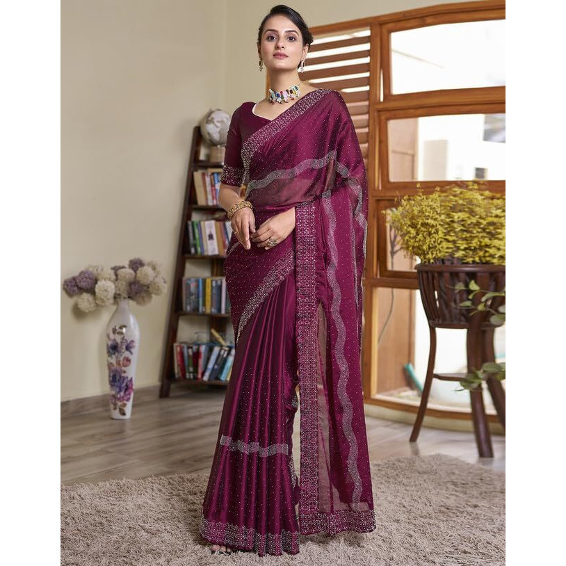 SIRIL Womens Georgette Hot Fixing Saree With Unstitched Blouse Piece (3620S103_Deep Pink)