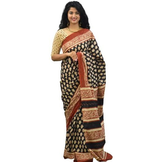 JALTHER Handicrafts Womens Ikat Hand Block Print Jaipuri Cotton Mulmul Saree with Blouse Piece - Black_411