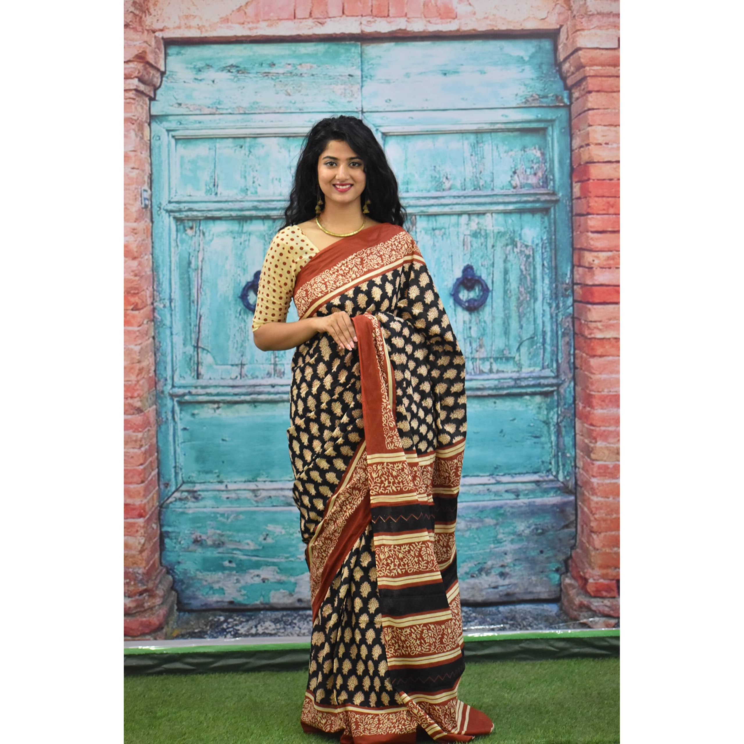 JALTHER Handicrafts Womens Ikat Hand Block Print Jaipuri Cotton Mulmul Saree with Blouse Piece - Black_411