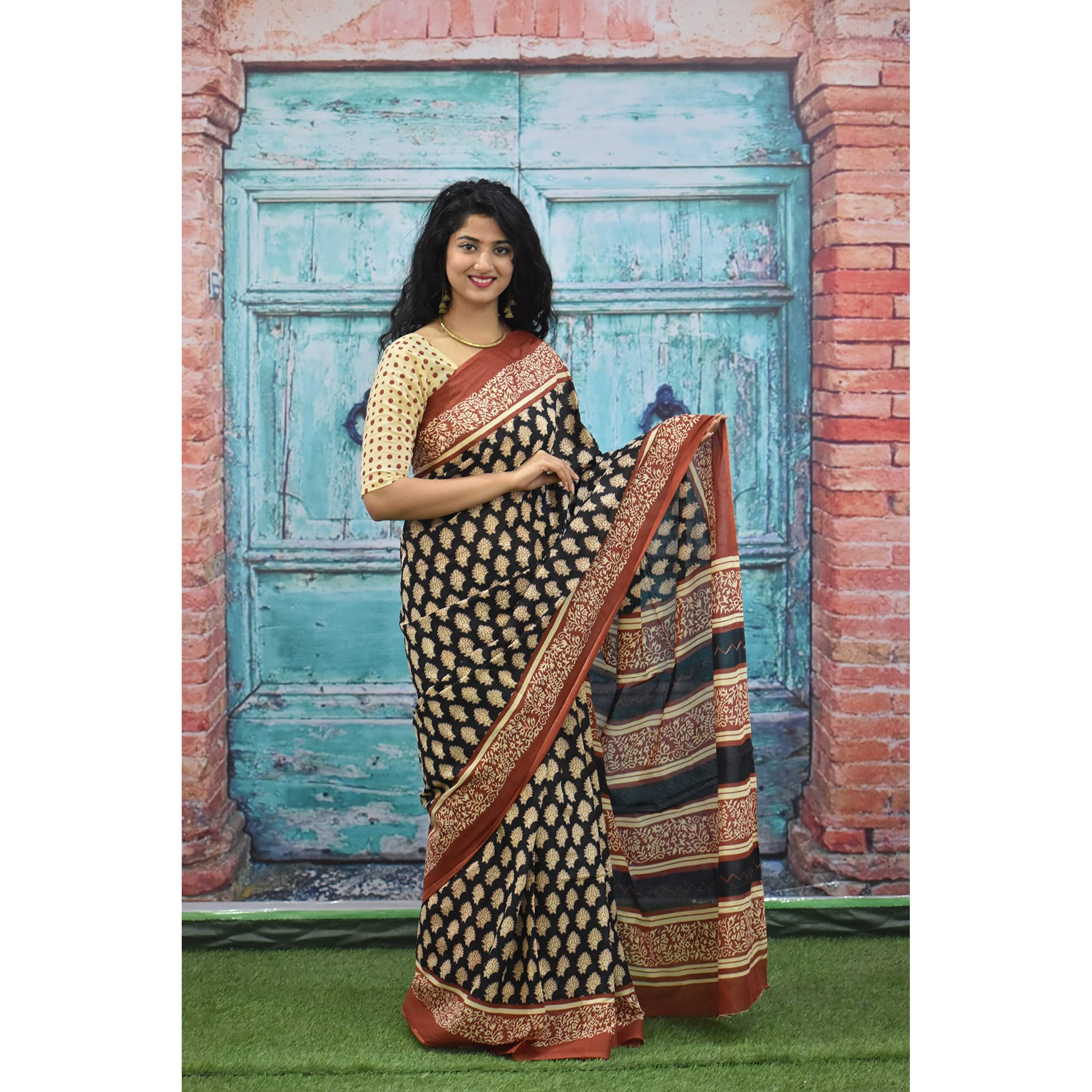 JALTHER Handicrafts Womens Ikat Hand Block Print Jaipuri Cotton Mulmul Saree with Blouse Piece - Black_411