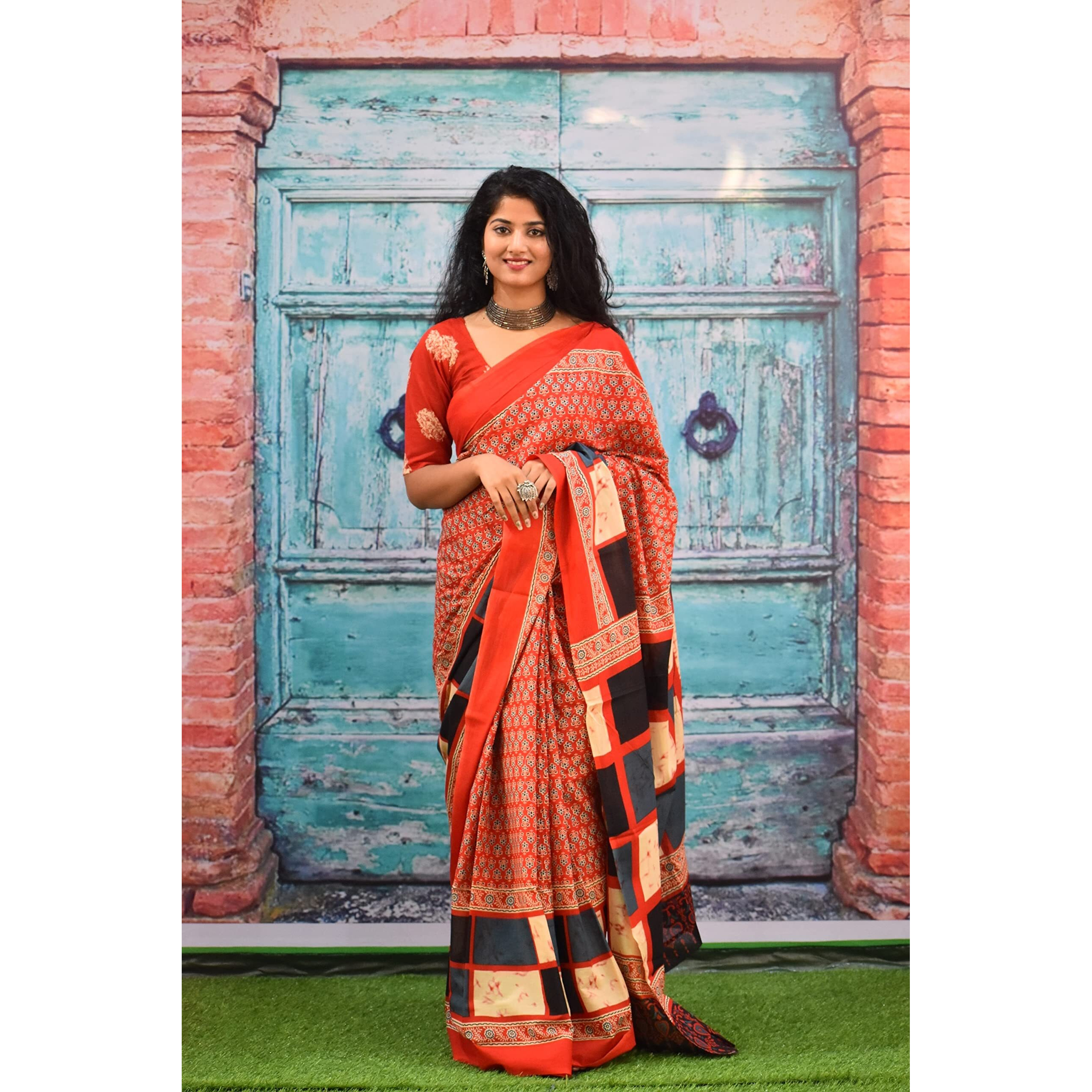 JALTHER Handicrafts Womens Ikat Hand Block Print Jaipuri Cotton Mulmul Saree with Blouse Piece - Red_416