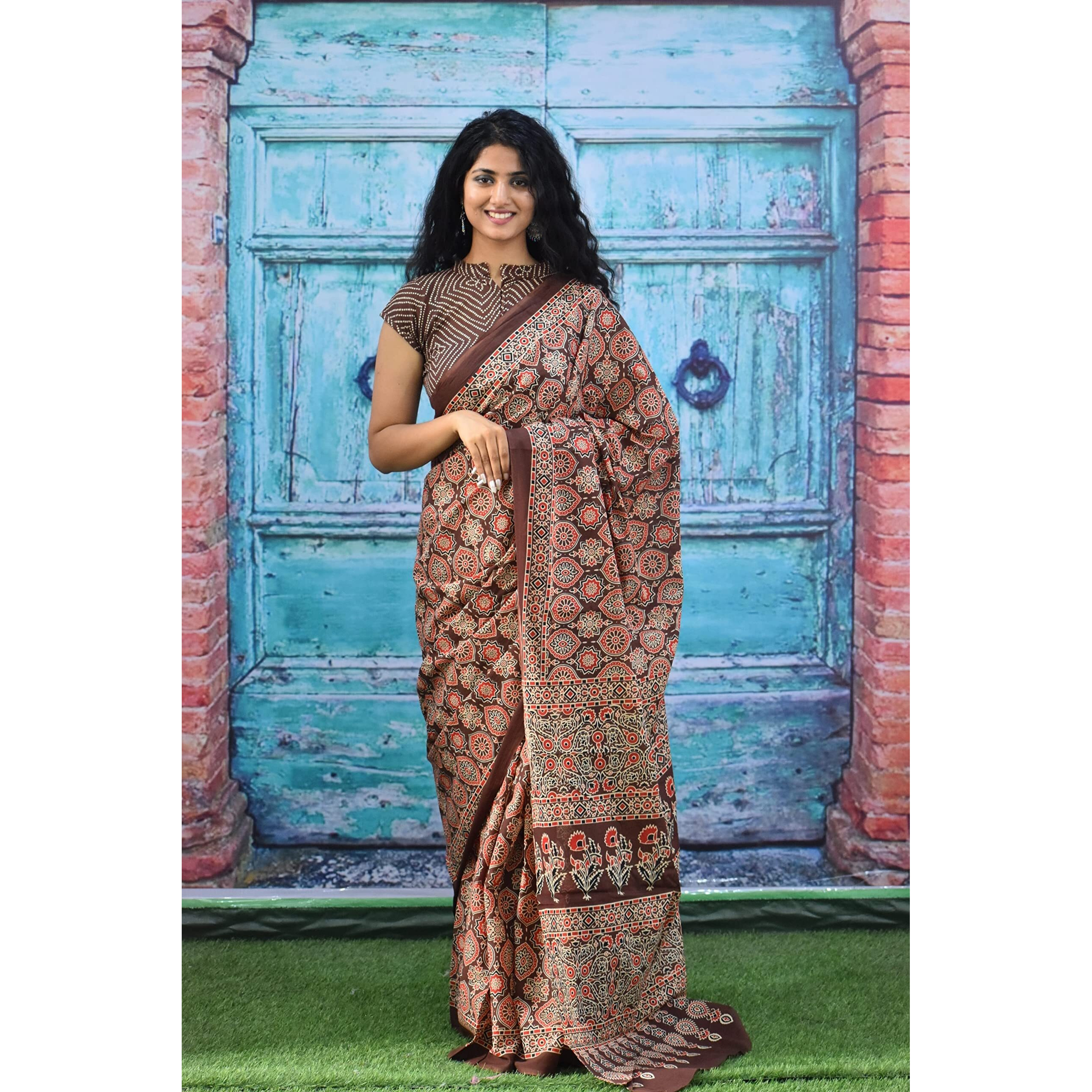 JALTHER Handicrafts Womens Ikat Hand Block Print Jaipuri Cotton Mulmul Saree with Blouse Piece - Maroon_425