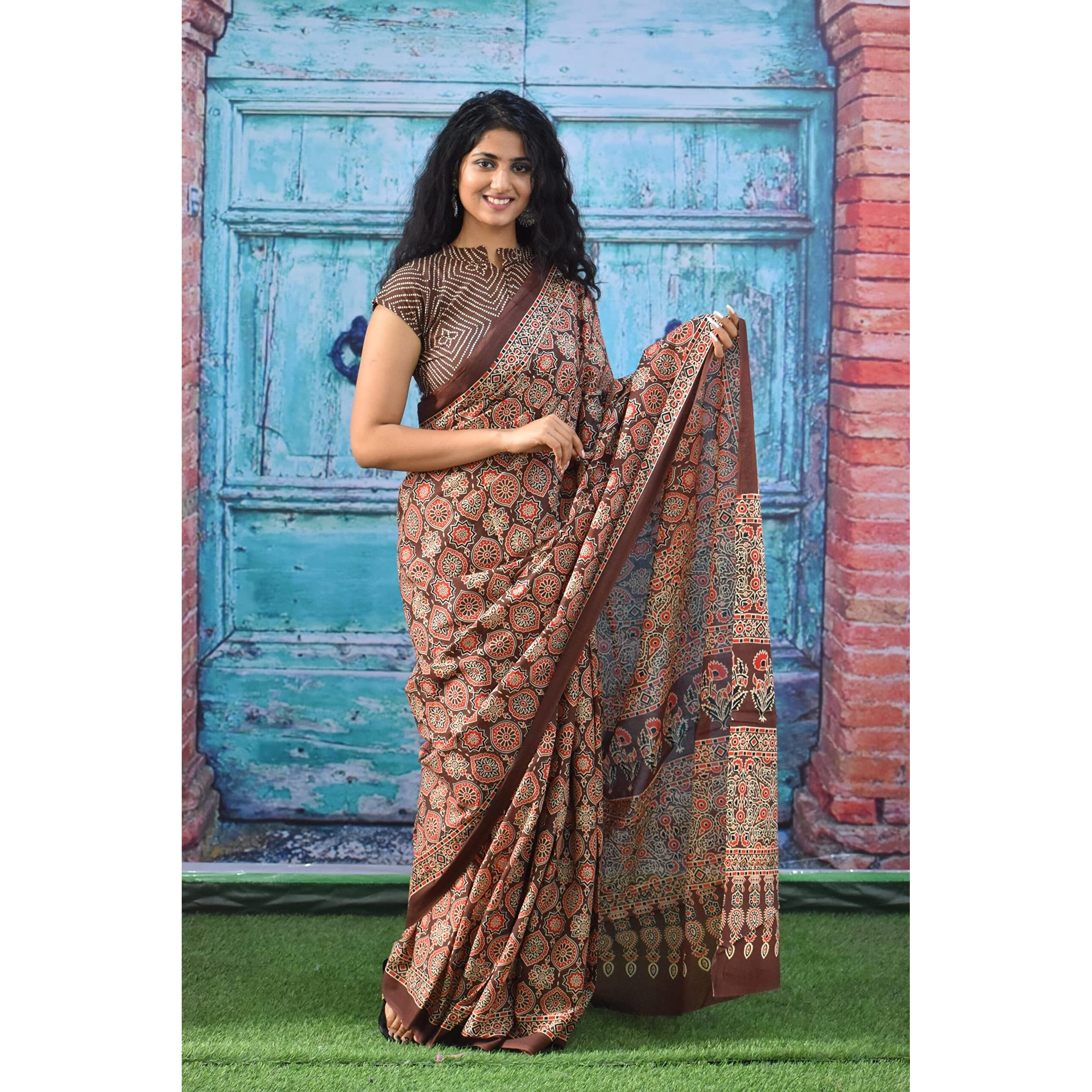 JALTHER Handicrafts Womens Ikat Hand Block Print Jaipuri Cotton Mulmul Saree with Blouse Piece - Maroon_425