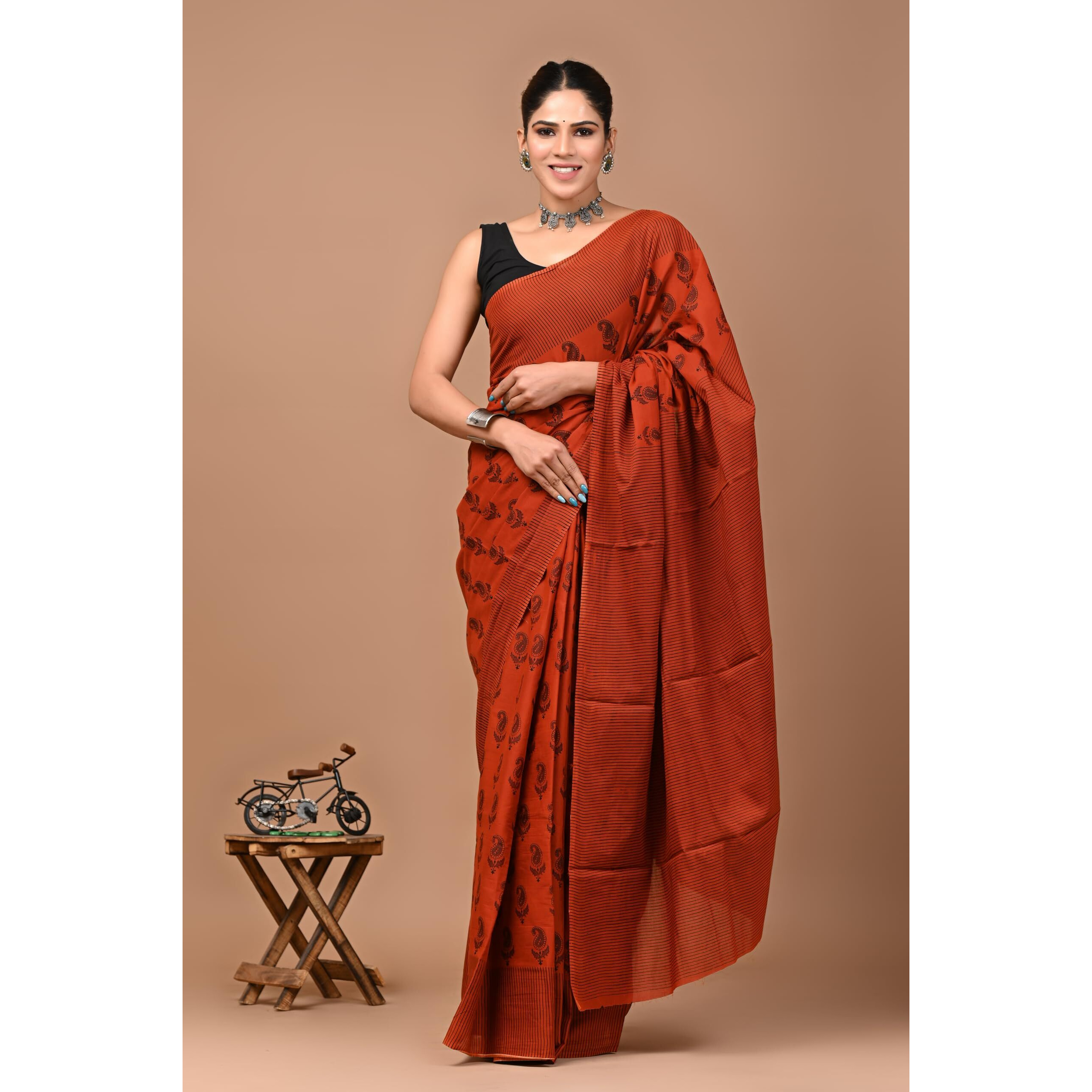 Crafts Moda Pure Cotton Orange Paisley Print Saree for women with Blouse Piece