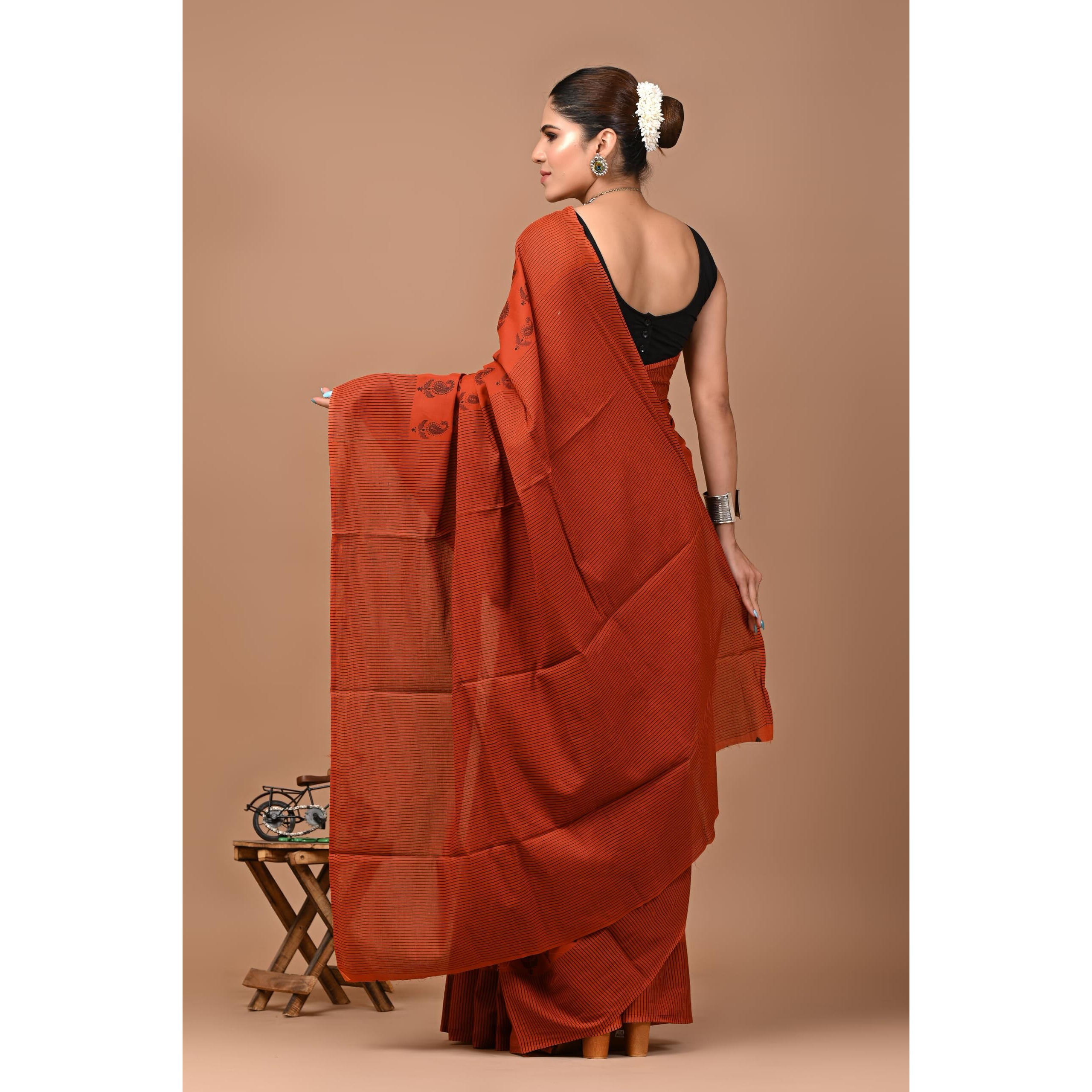 Crafts Moda Pure Cotton Orange Paisley Print Saree for women with Blouse Piece