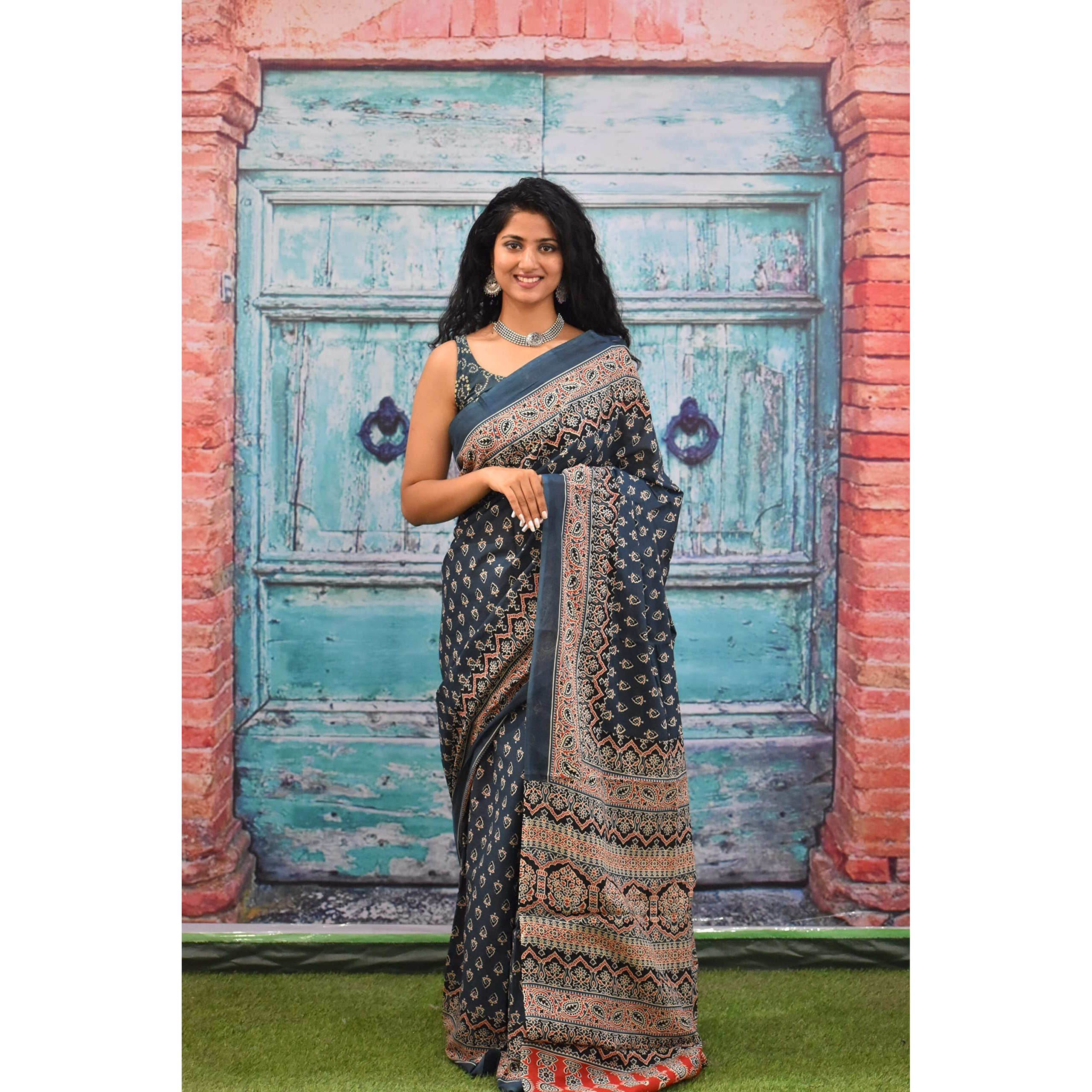 JALTHER Handicrafts Womens Ikat Hand Block Print Jaipuri Cotton Mulmul Saree with Blouse Piece - Blue_422