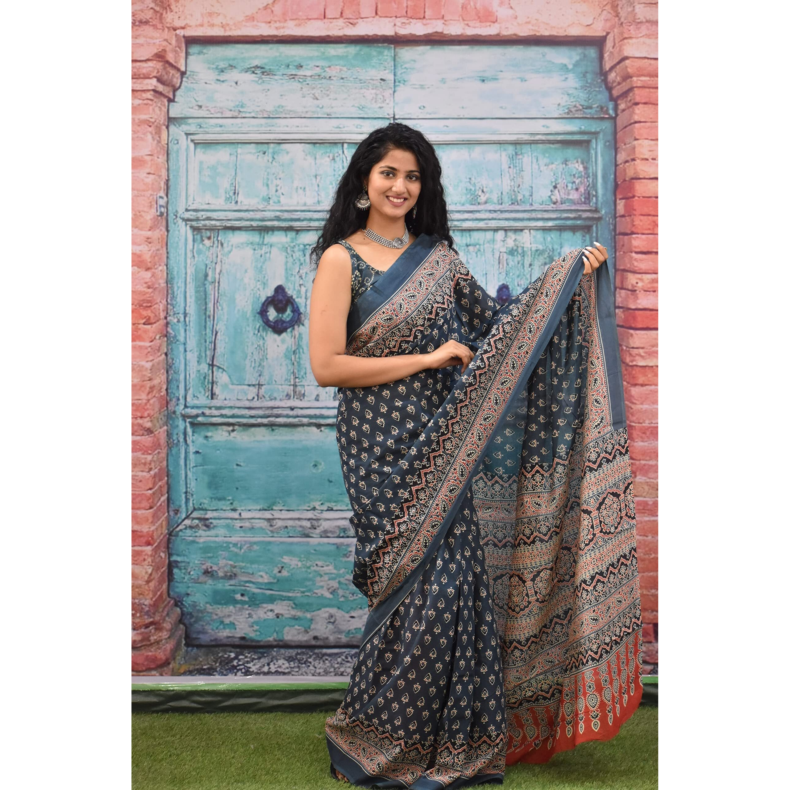 JALTHER Handicrafts Womens Ikat Hand Block Print Jaipuri Cotton Mulmul Saree with Blouse Piece - Blue_422