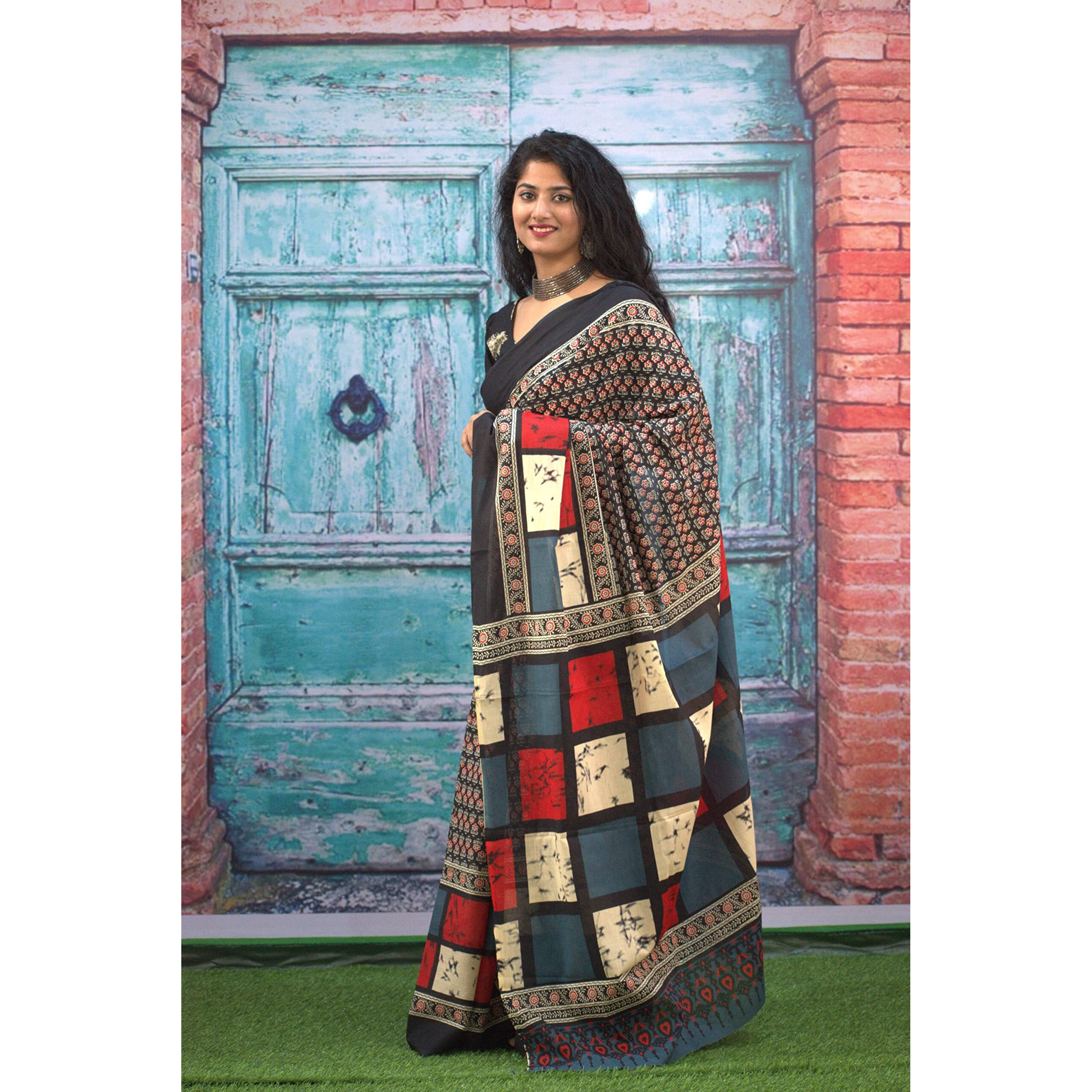 JALTHER Handicrafts Womens Ikat Hand Block Print Jaipuri Cotton Mulmul Saree with Blouse Piece - Black_421