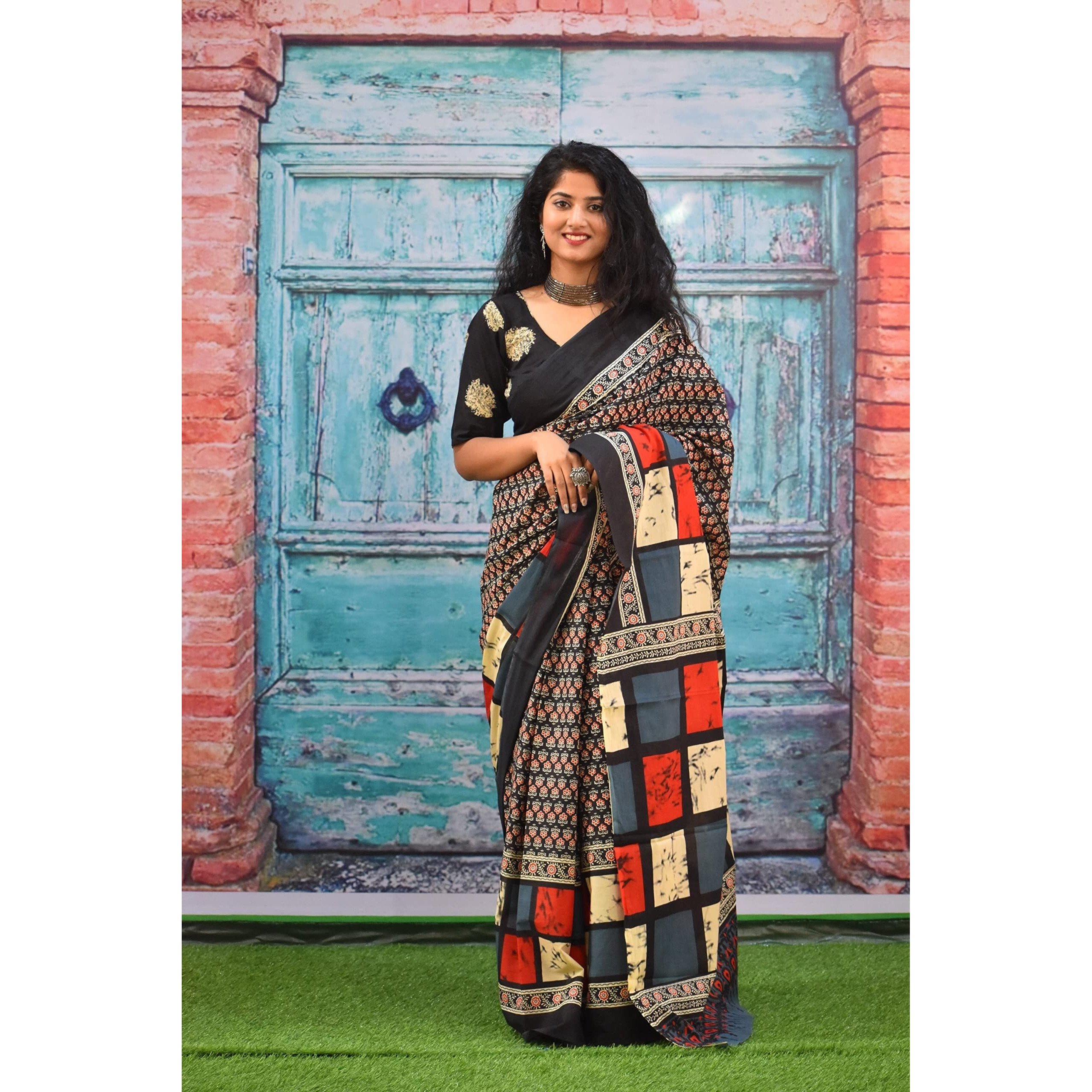 JALTHER Handicrafts Womens Ikat Hand Block Print Jaipuri Cotton Mulmul Saree with Blouse Piece - Black_421