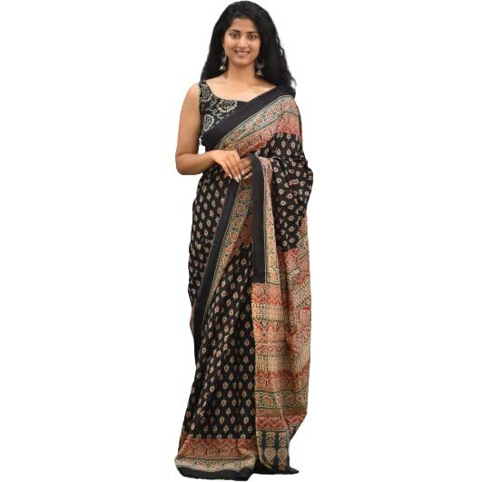 JALTHER Handicrafts Womens Ikat Hand Block Print Jaipuri Cotton Mulmul Saree with Blouse Piece - Black_426
