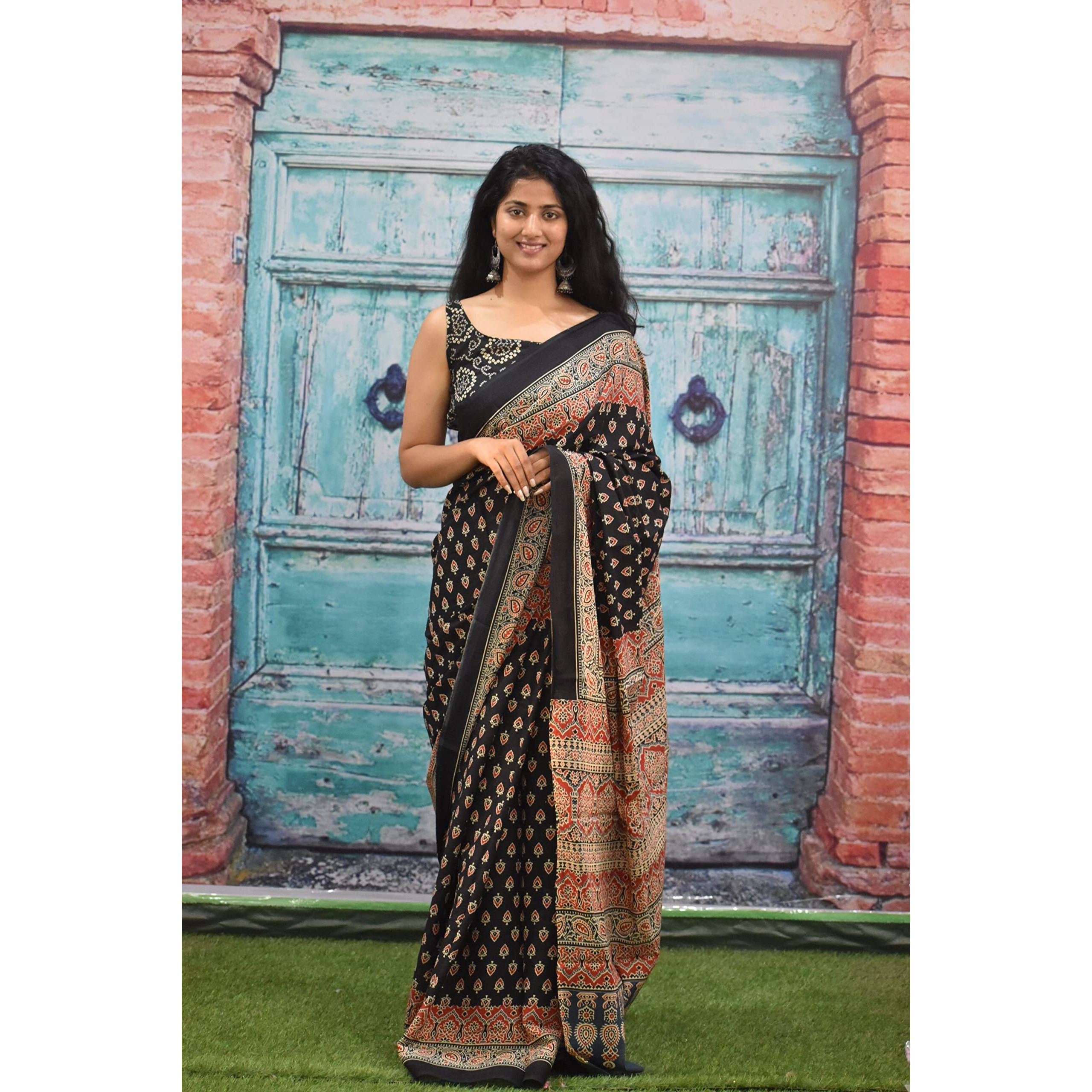 JALTHER Handicrafts Womens Ikat Hand Block Print Jaipuri Cotton Mulmul Saree with Blouse Piece - Black_426