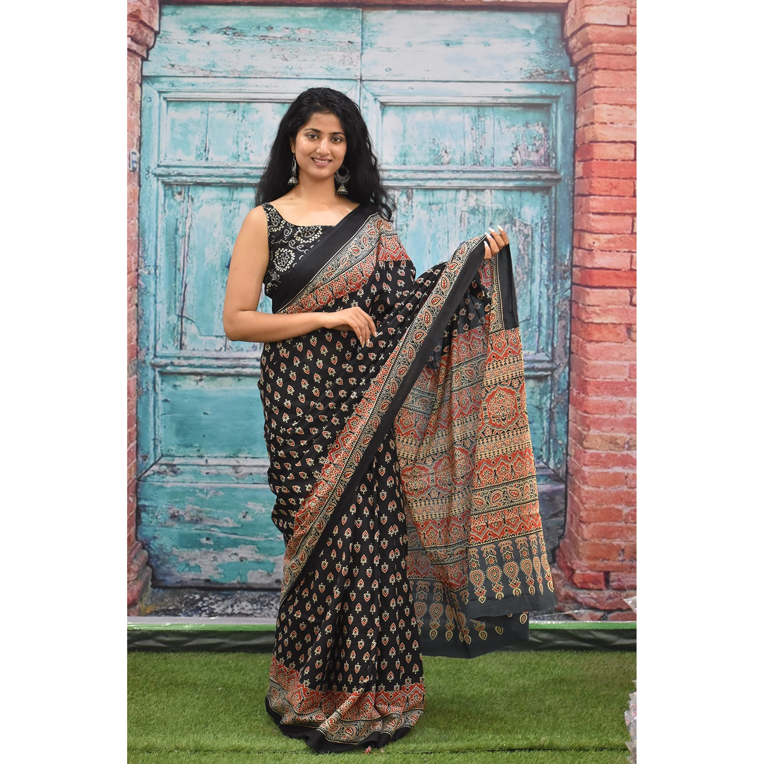 JALTHER Handicrafts Womens Ikat Hand Block Print Jaipuri Cotton Mulmul Saree with Blouse Piece - Black_426