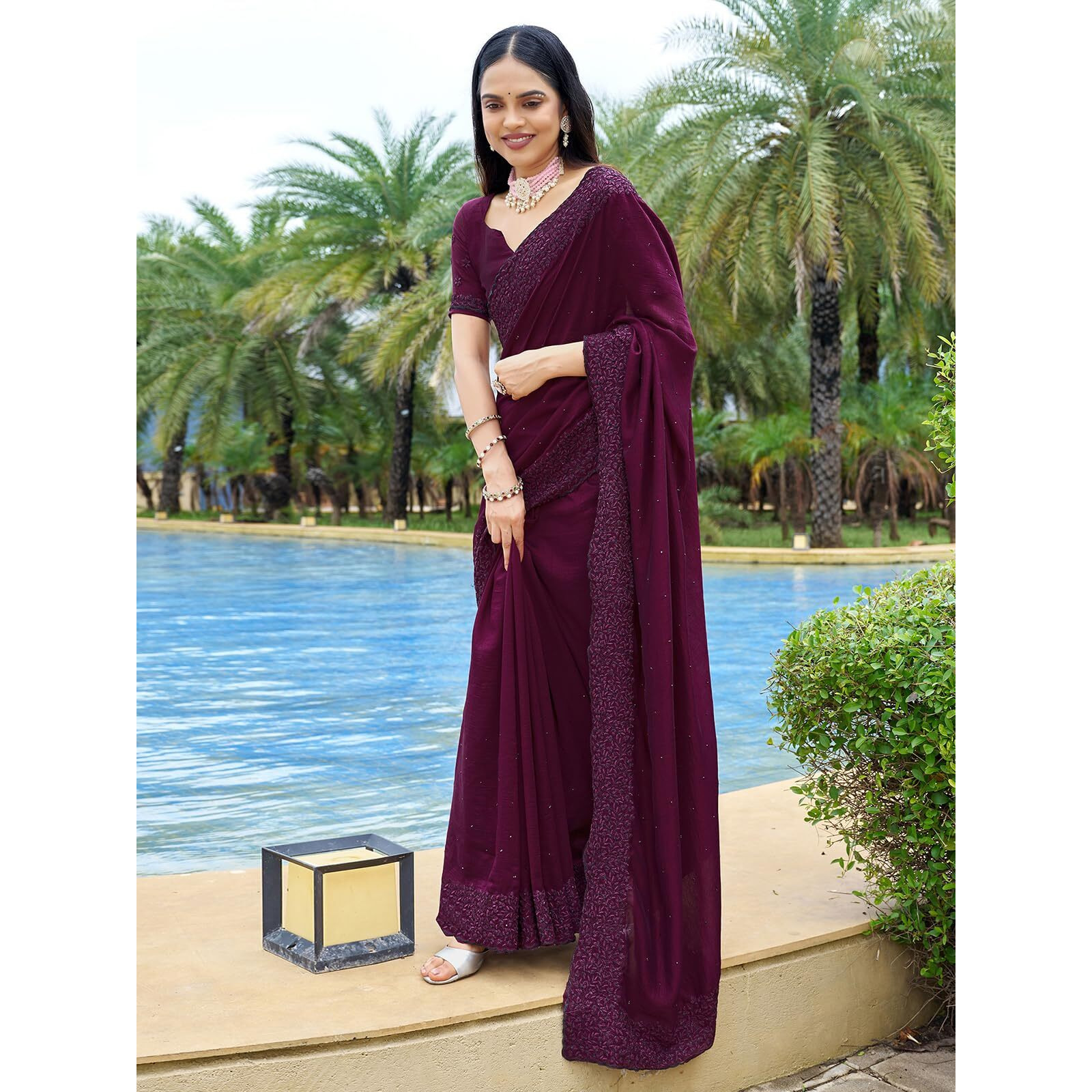 SIRIL Womens Embroidery Stone Work Vichitra Silk Saree with Unstitched Blouse Piece (3351S373_Wine)