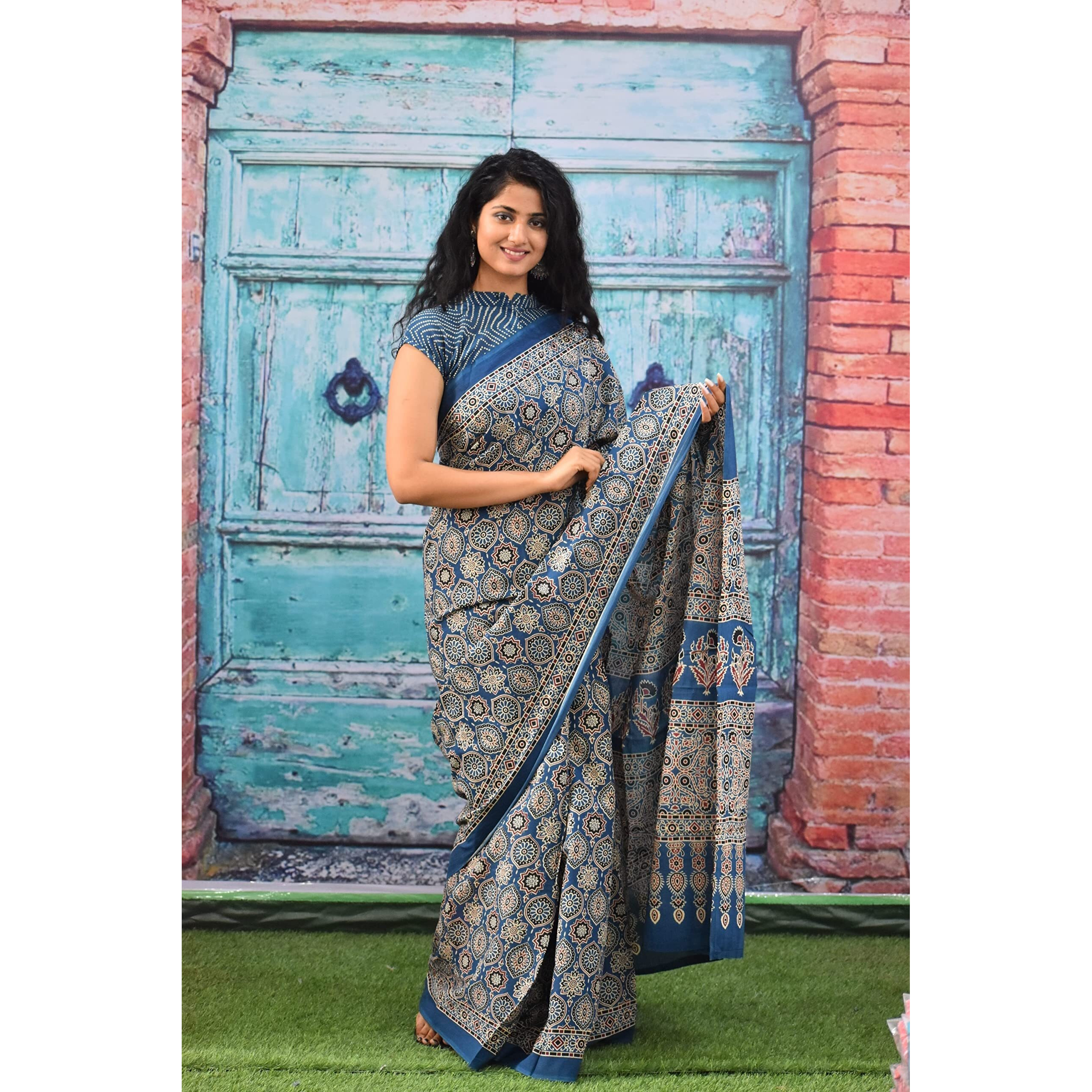 JALTHER Handicrafts Womens Ikat Hand Block Print Jaipuri Cotton Mulmul Saree with Blouse Piece - Multi_424