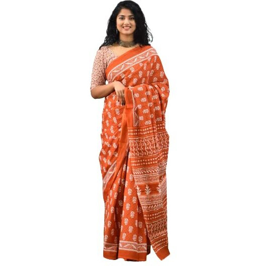 JALTHER Handicrafts Womens Ikat Hand Block Print Jaipuri Cotton Mulmul Saree with Blouse Piece - Mustard_417