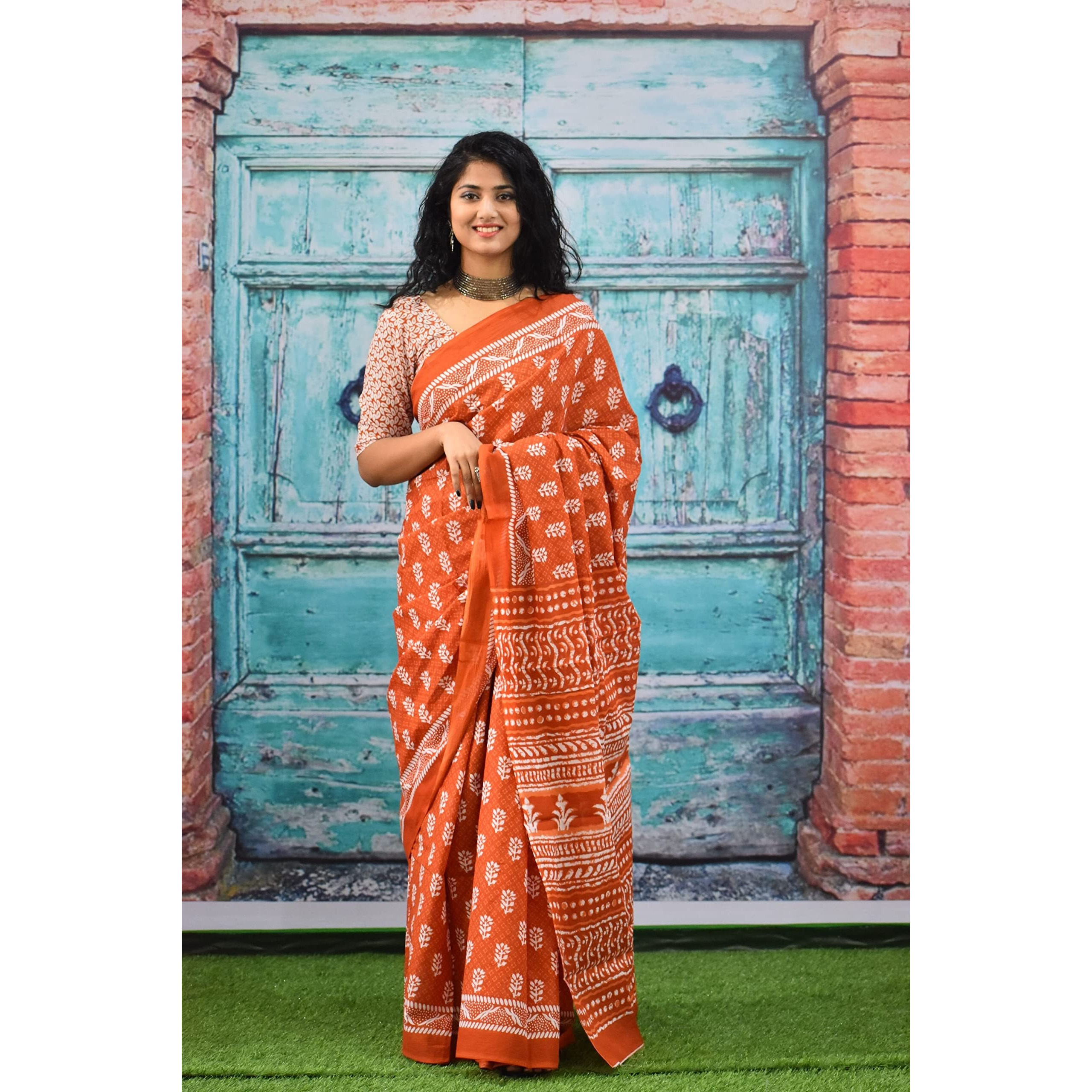 JALTHER Handicrafts Womens Ikat Hand Block Print Jaipuri Cotton Mulmul Saree with Blouse Piece - Mustard_417