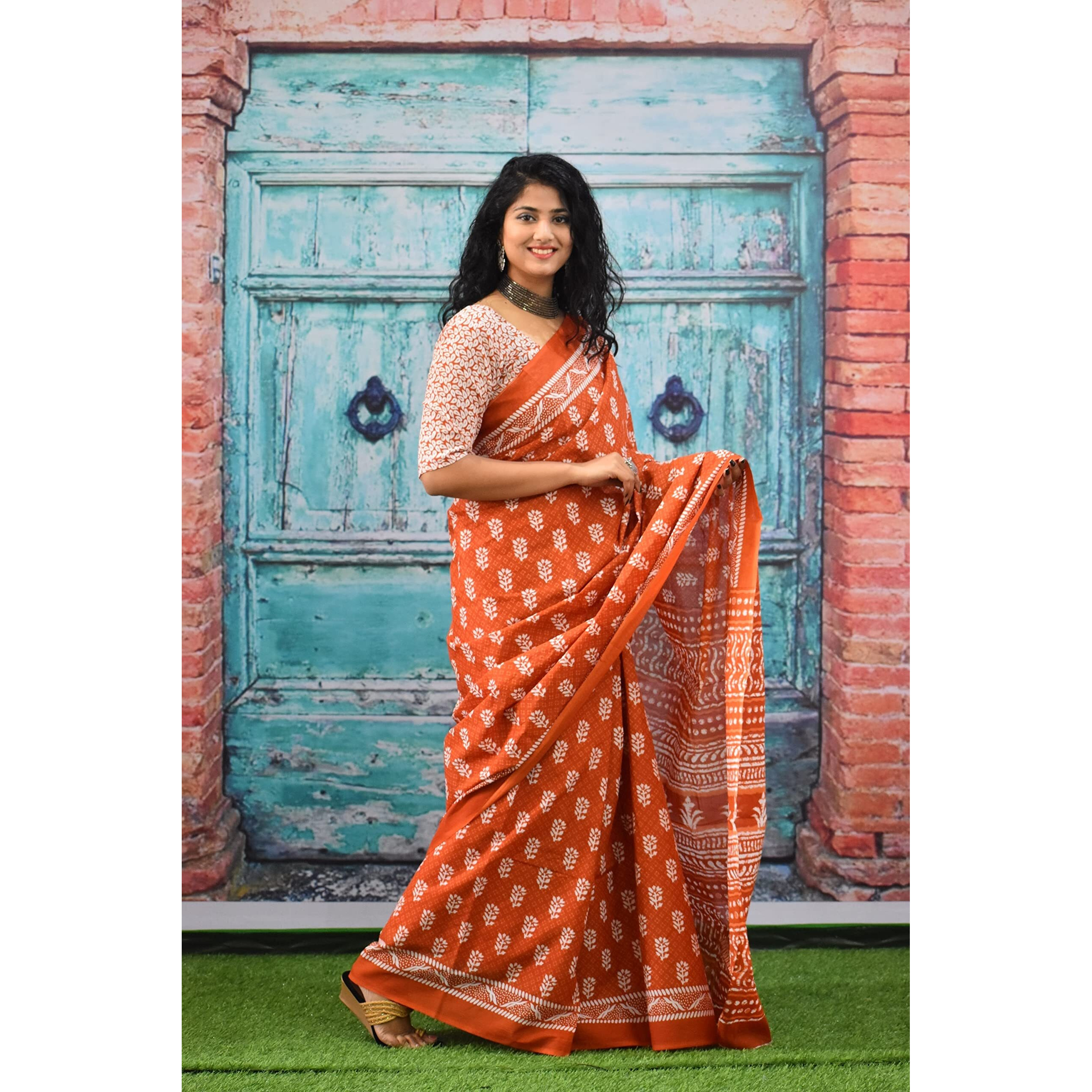 JALTHER Handicrafts Womens Ikat Hand Block Print Jaipuri Cotton Mulmul Saree with Blouse Piece - Mustard_417