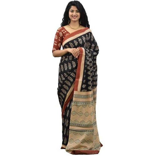 JALTHER Handicrafts Womens Ikat Hand Block Print Jaipuri Cotton Mulmul Saree with Blouse Piece - Black_414