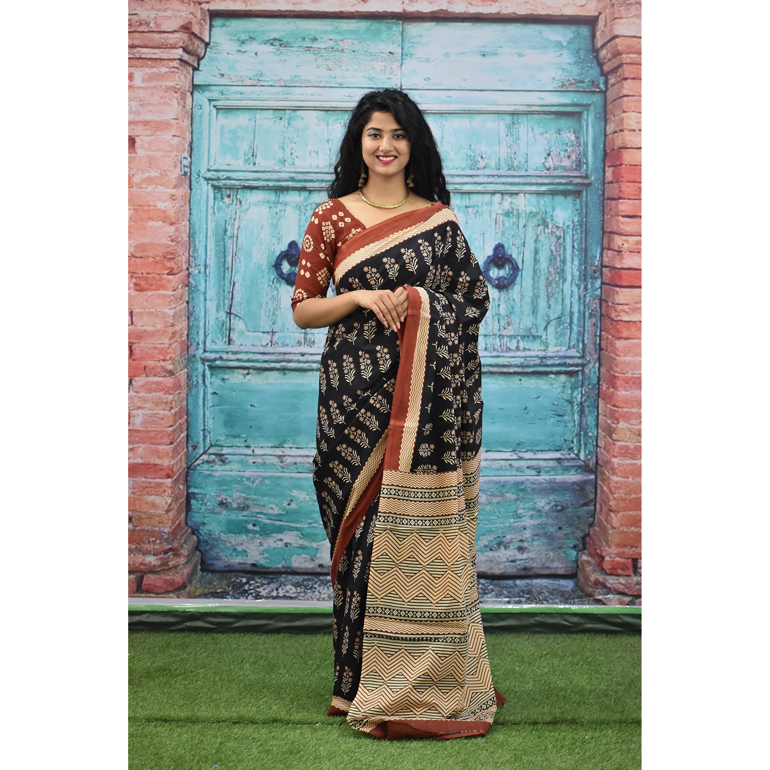 JALTHER Handicrafts Womens Ikat Hand Block Print Jaipuri Cotton Mulmul Saree with Blouse Piece - Black_414