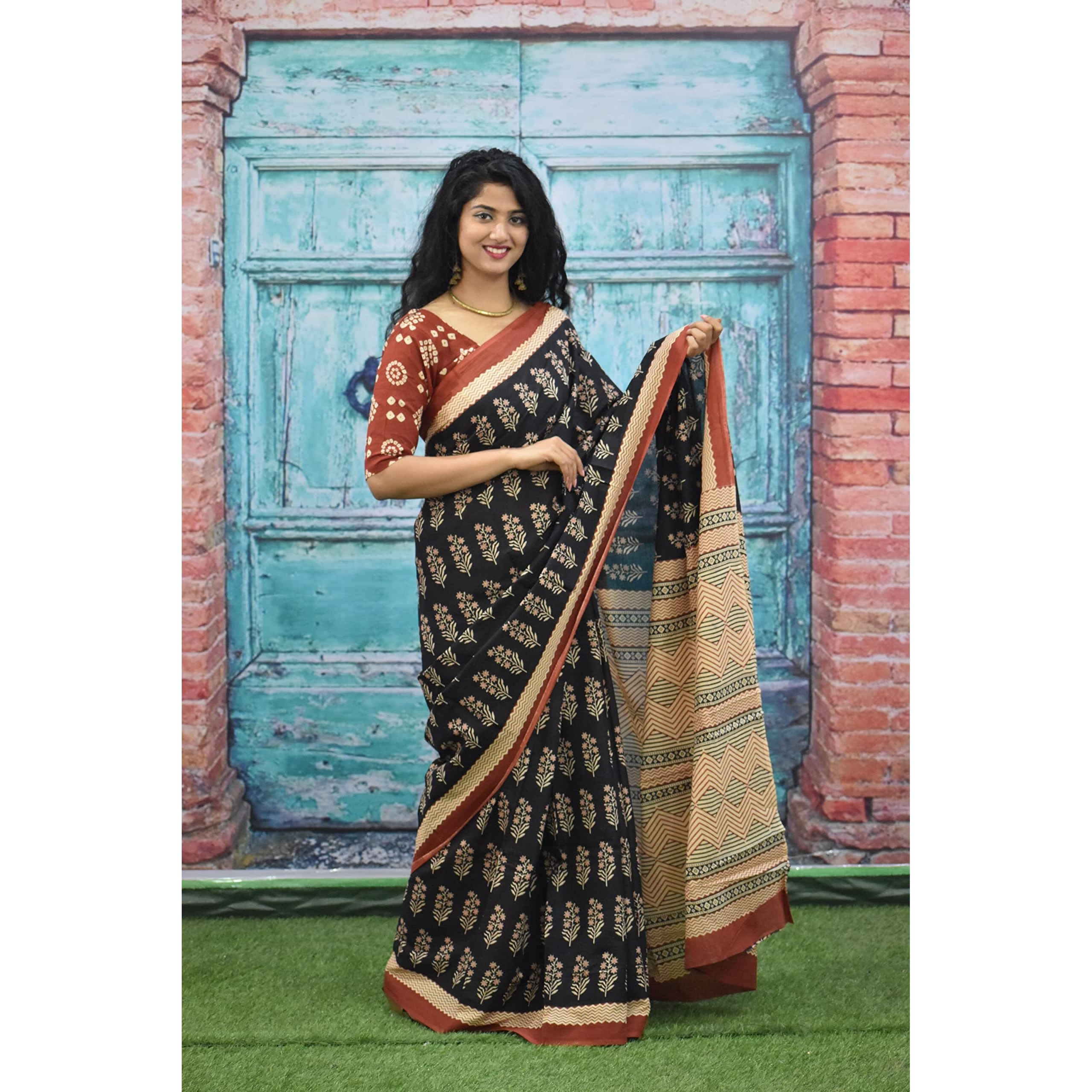 JALTHER Handicrafts Womens Ikat Hand Block Print Jaipuri Cotton Mulmul Saree with Blouse Piece - Black_414