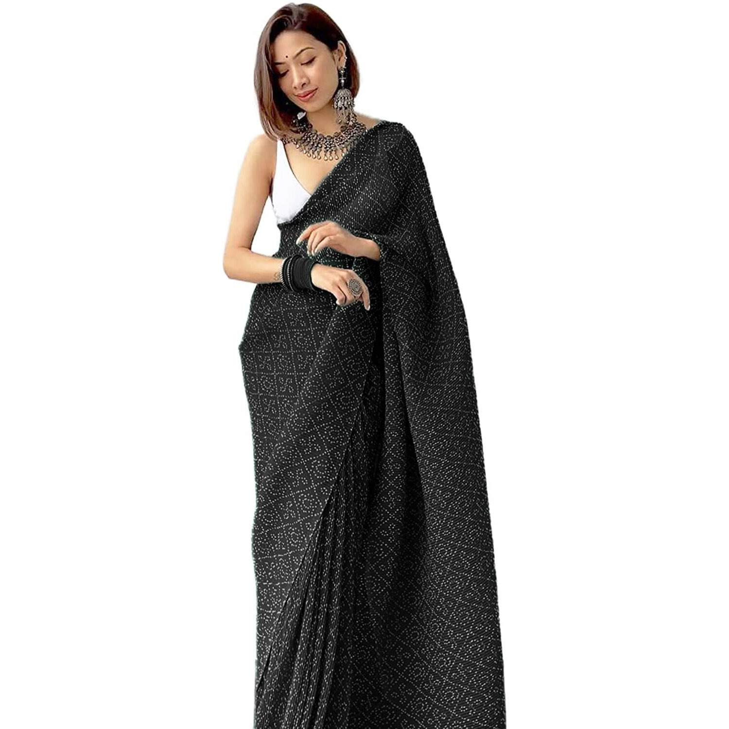 Shiv Textiles Womens Plain Pure Georgette Full Crushed Saree (CRSH-Black 1)