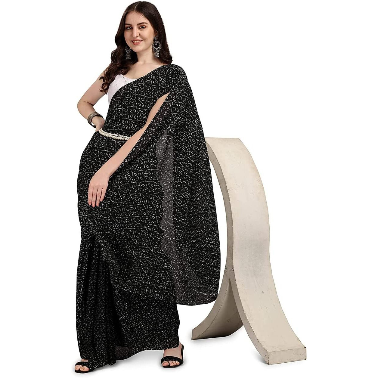 Shiv Textiles Womens Plain Pure Georgette Full Crushed Saree (CRSH-Black 1)