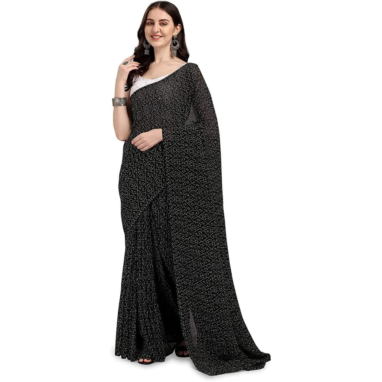 Shiv Textiles Womens Plain Pure Georgette Full Crushed Saree (CRSH-Black 1)