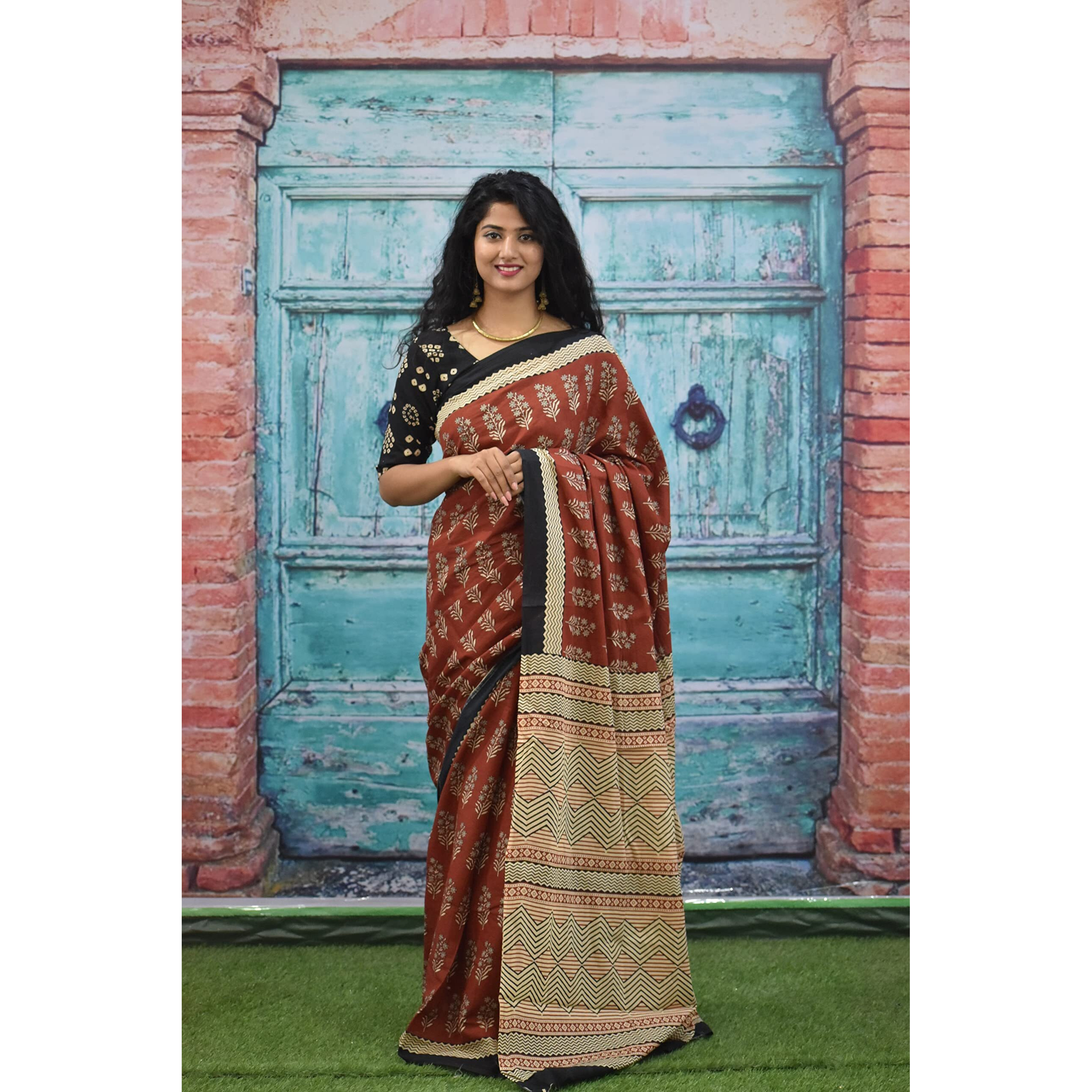 JALTHER Handicrafts Womens Ikat Hand Block Print Jaipuri Cotton Mulmul Saree with Blouse Piece - Maroon_415