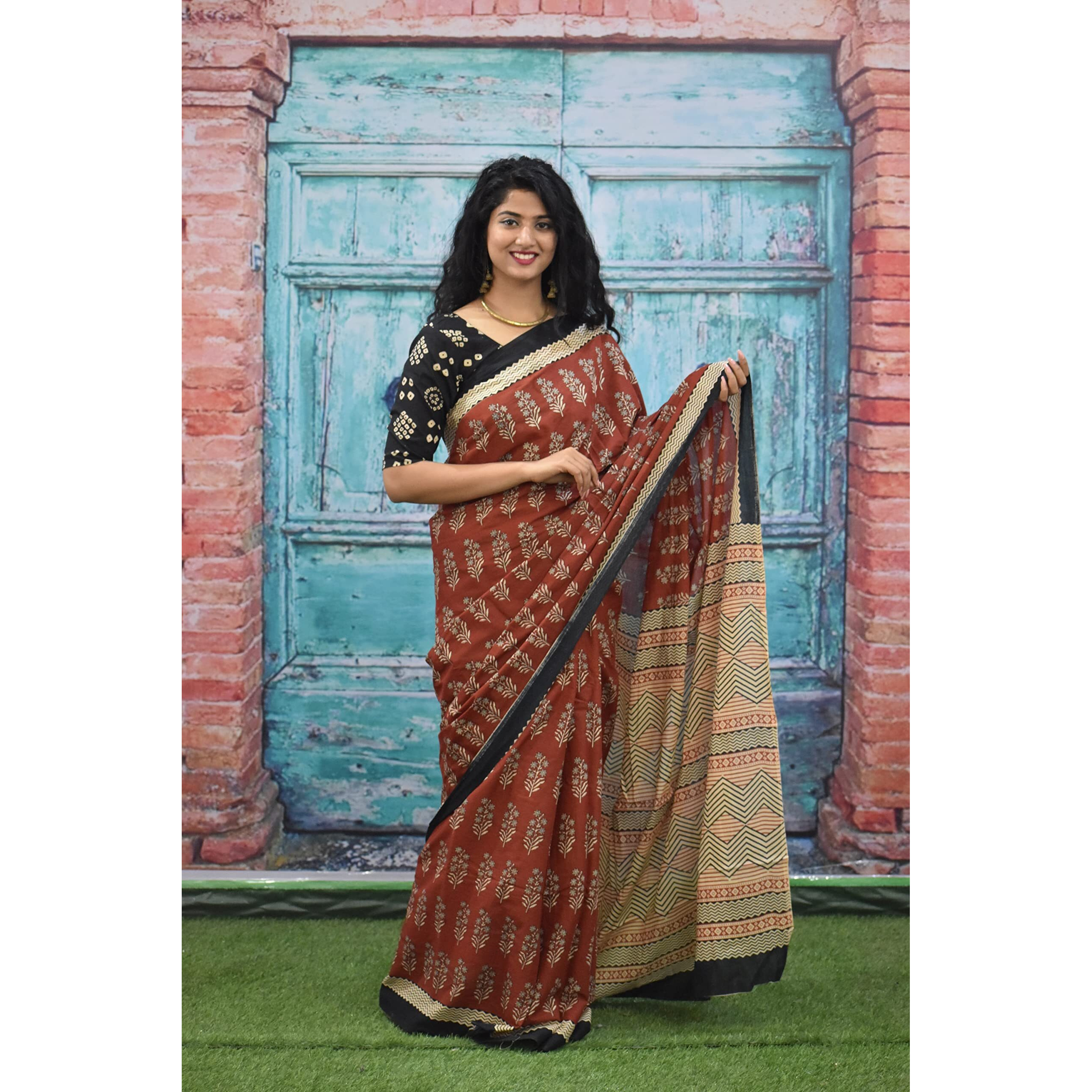 JALTHER Handicrafts Womens Ikat Hand Block Print Jaipuri Cotton Mulmul Saree with Blouse Piece - Maroon_415