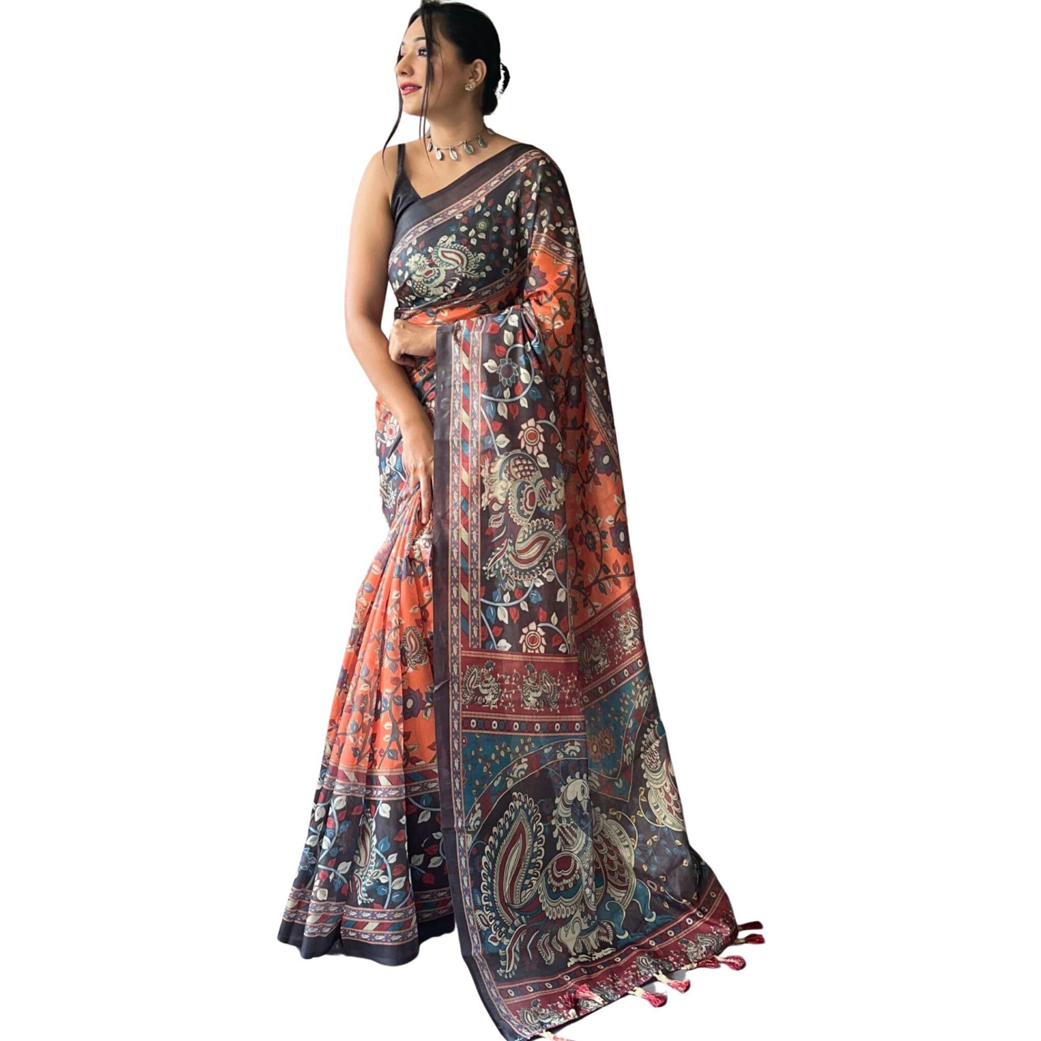 SGF11 Womens Cotton Linen Kalamkari Silk Printed Saree With Blouse Piece (Orange)