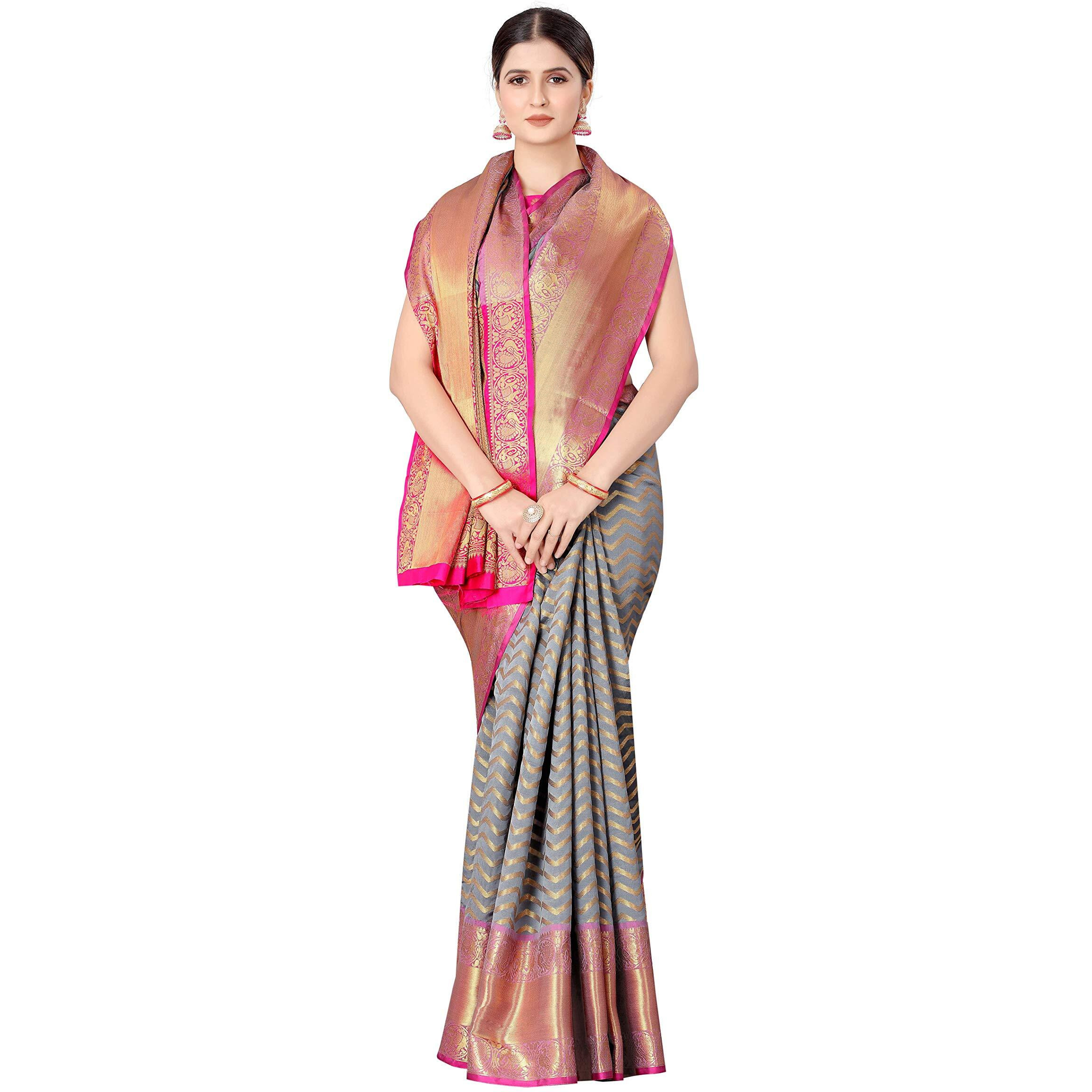 Enthone Womens Banarasi Silk Saree With Unstitched Blouse Piece(Grey)