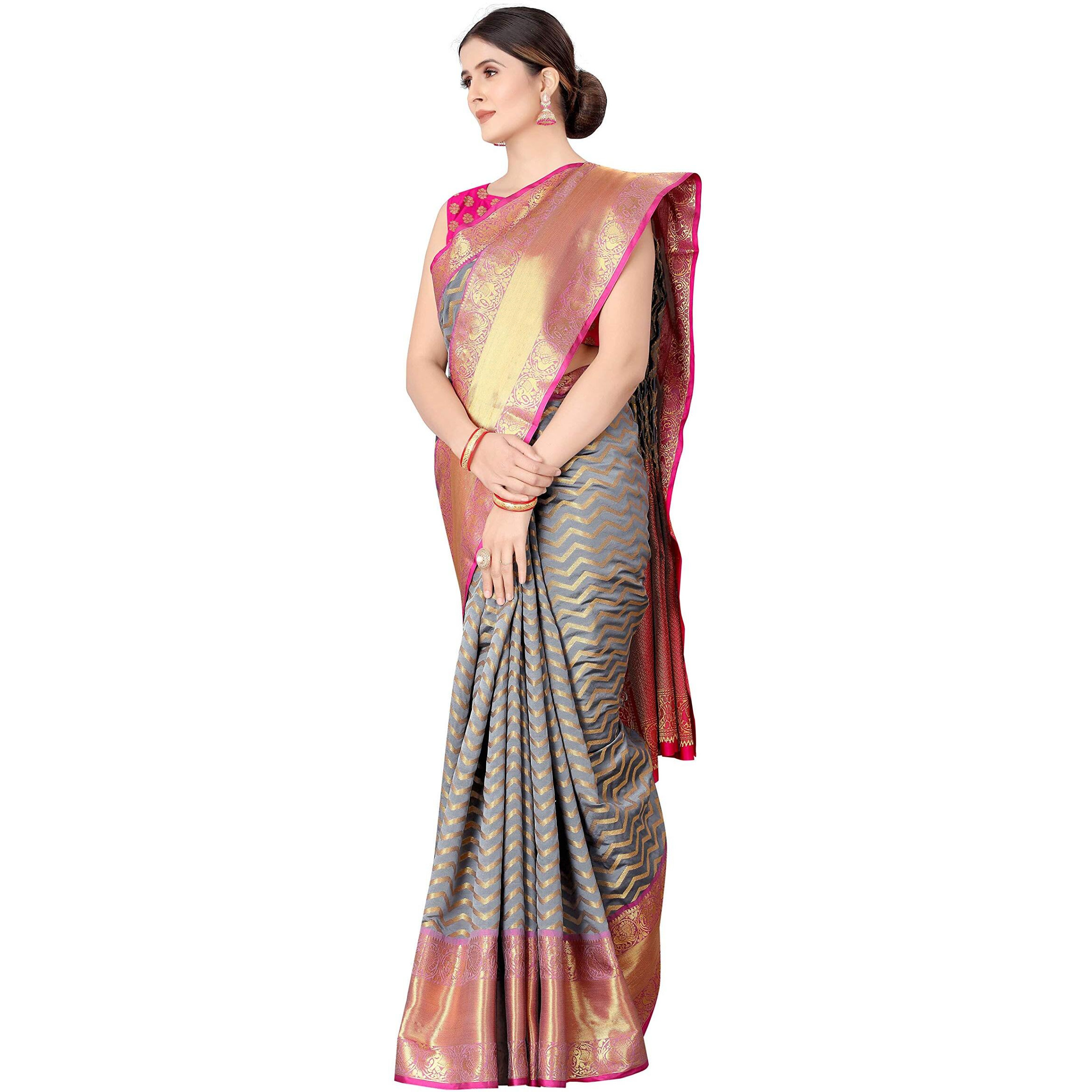 Enthone Womens Banarasi Silk Saree With Unstitched Blouse Piece(Grey)